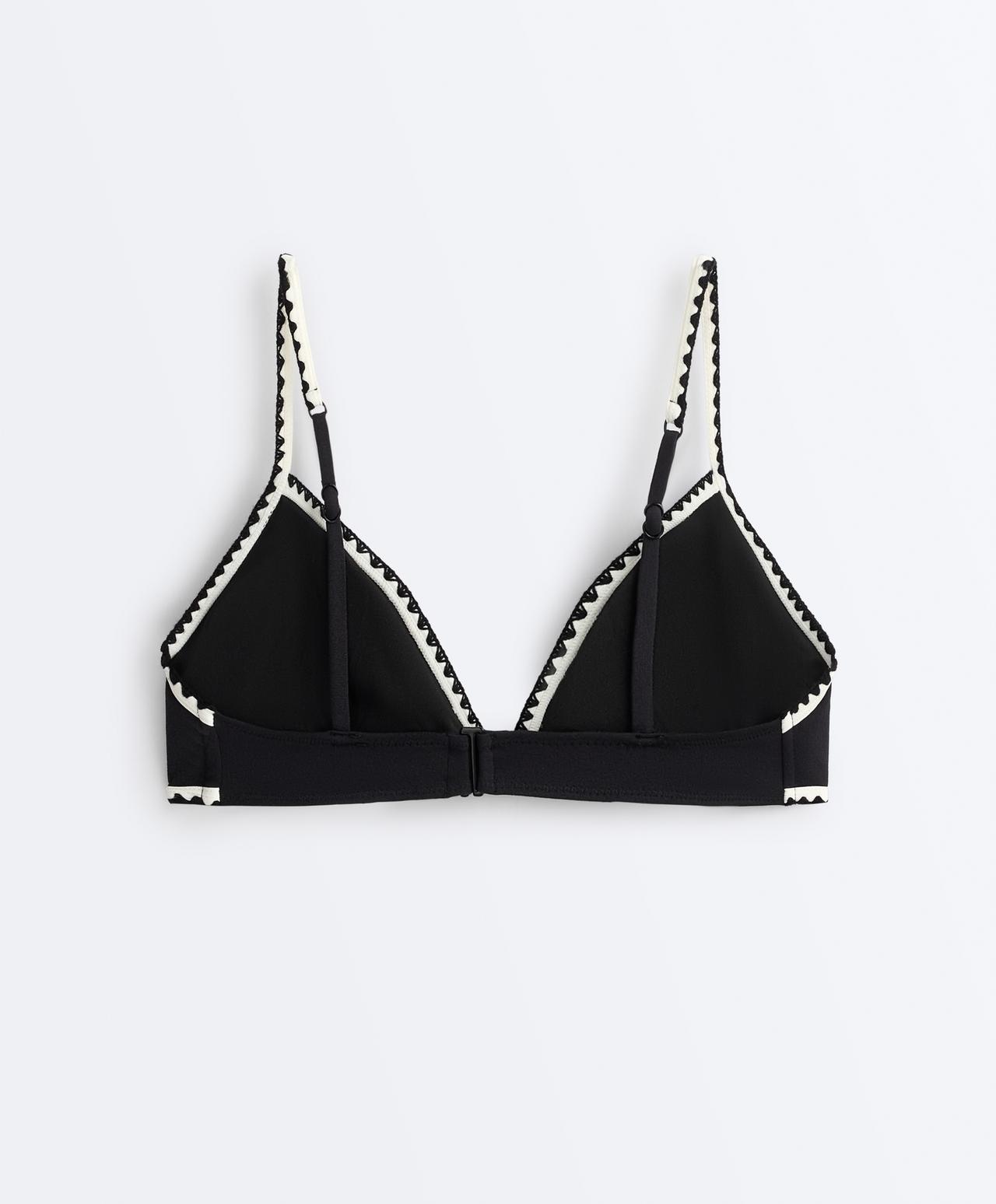 Contrast stitch triangle bikini top — BLACK