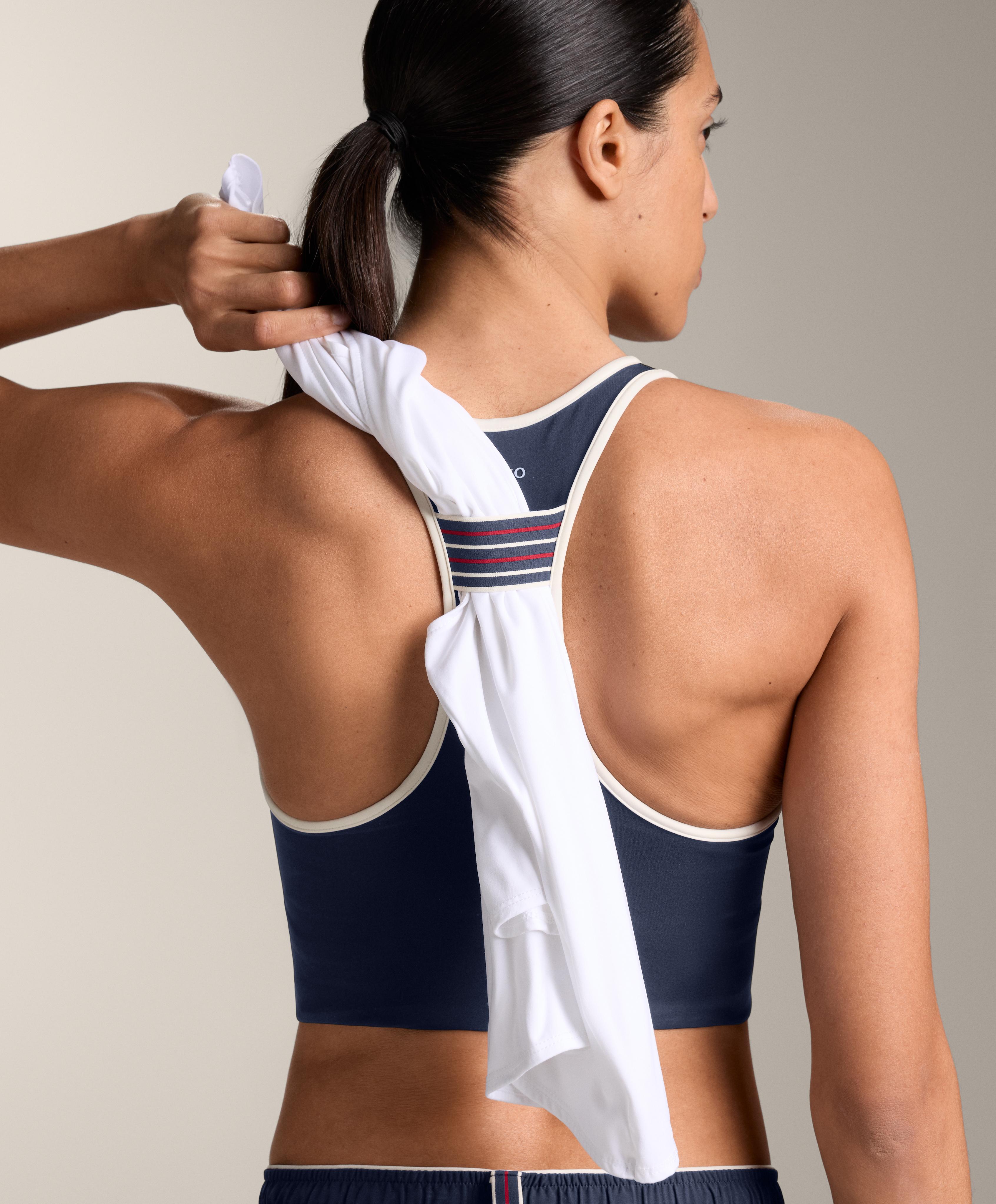 Compressive medium-support sports bra with cups and loop — NAVY BLUE