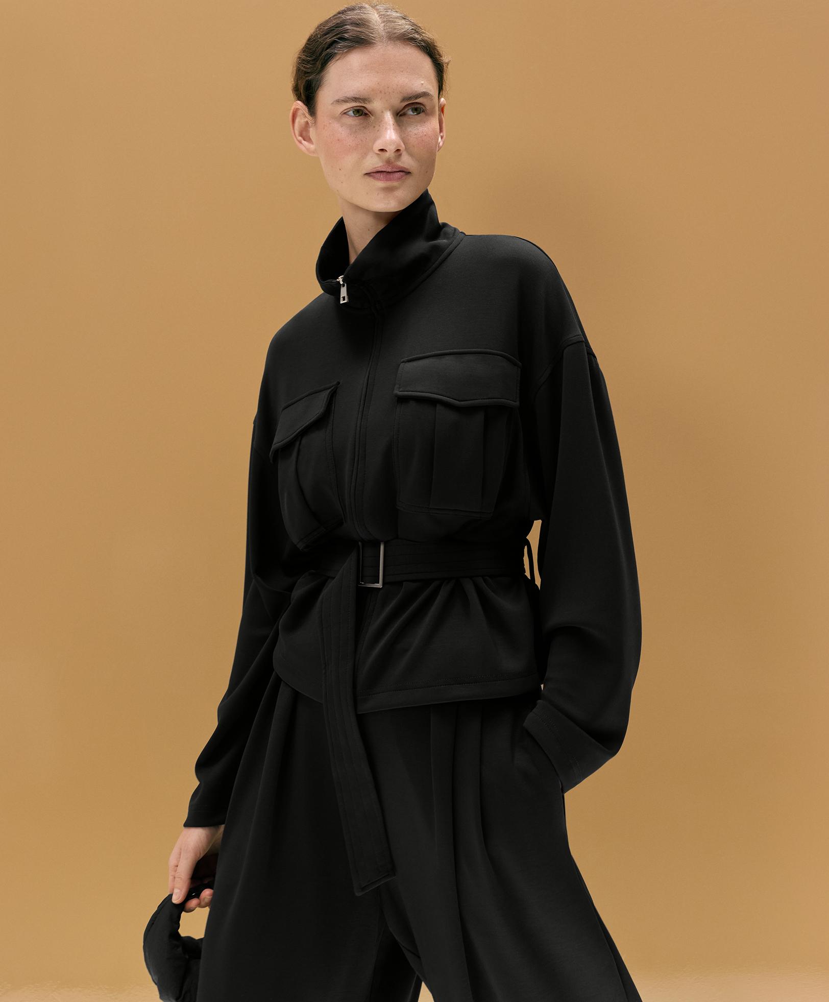 Soft-touch belted jacket with modal — BLACK