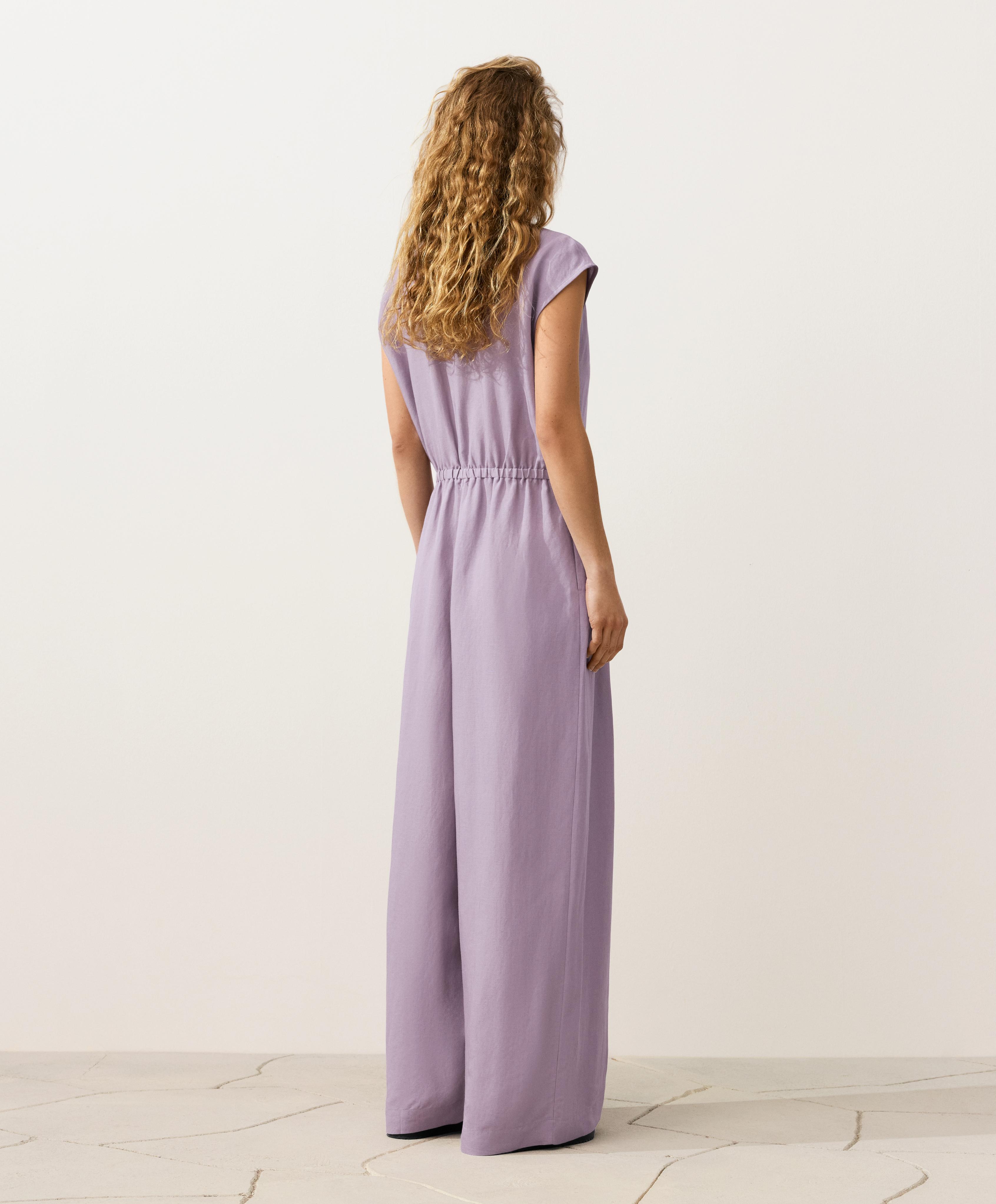 Linen long jumpsuit with lapel collar — LILAC