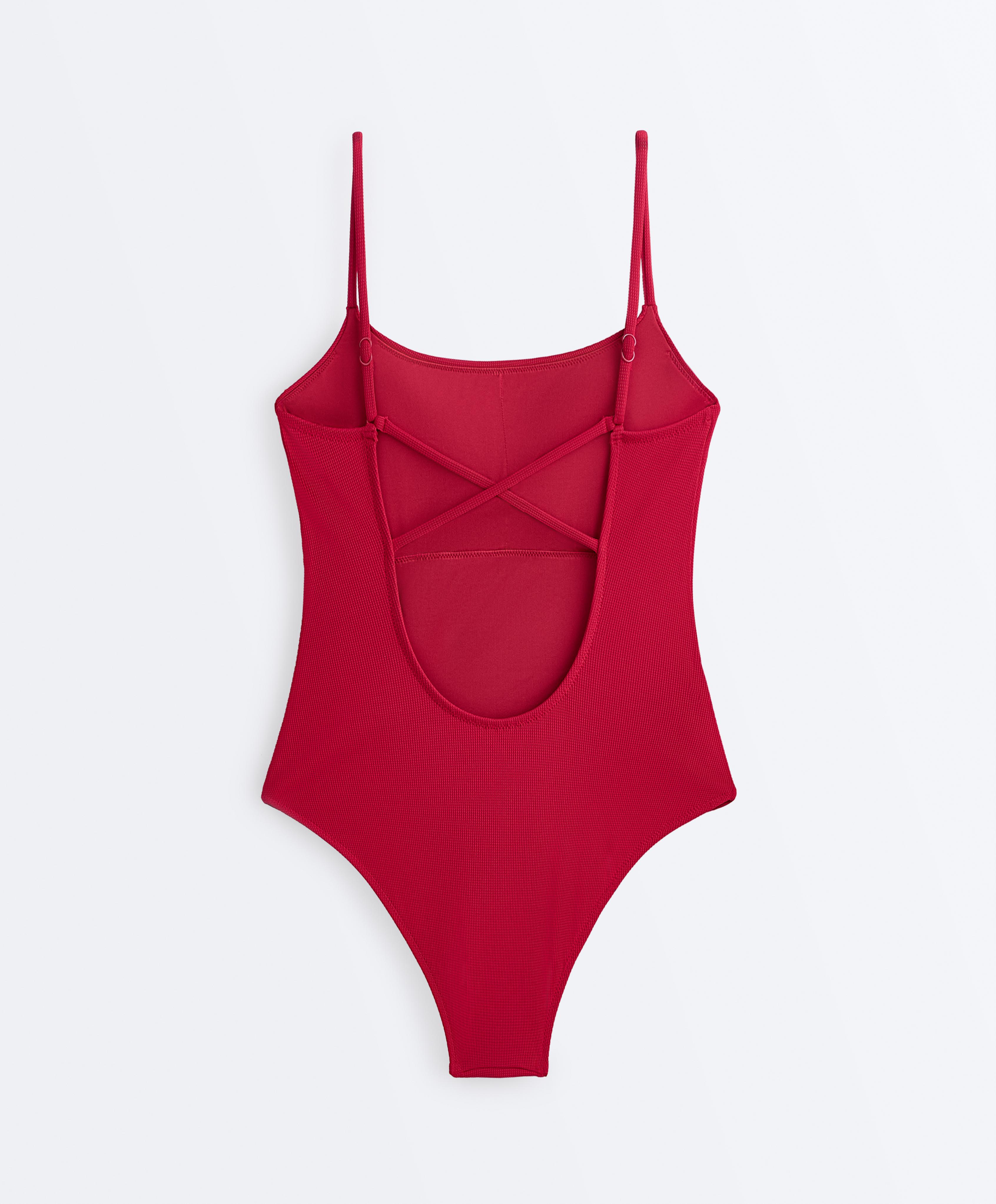 Piqué round neck swimsuit — BRIGHT RED