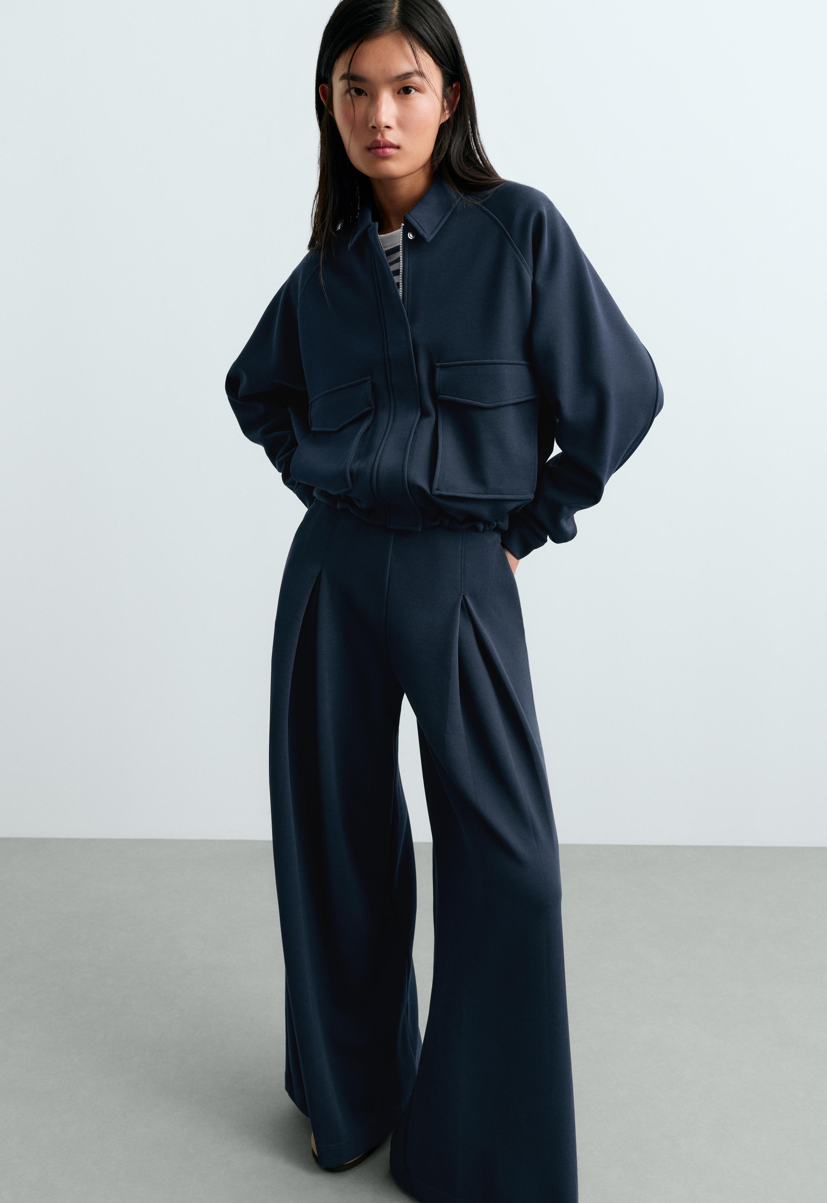 Wide-leg pique trousers with cotton — NAVY BLUE
