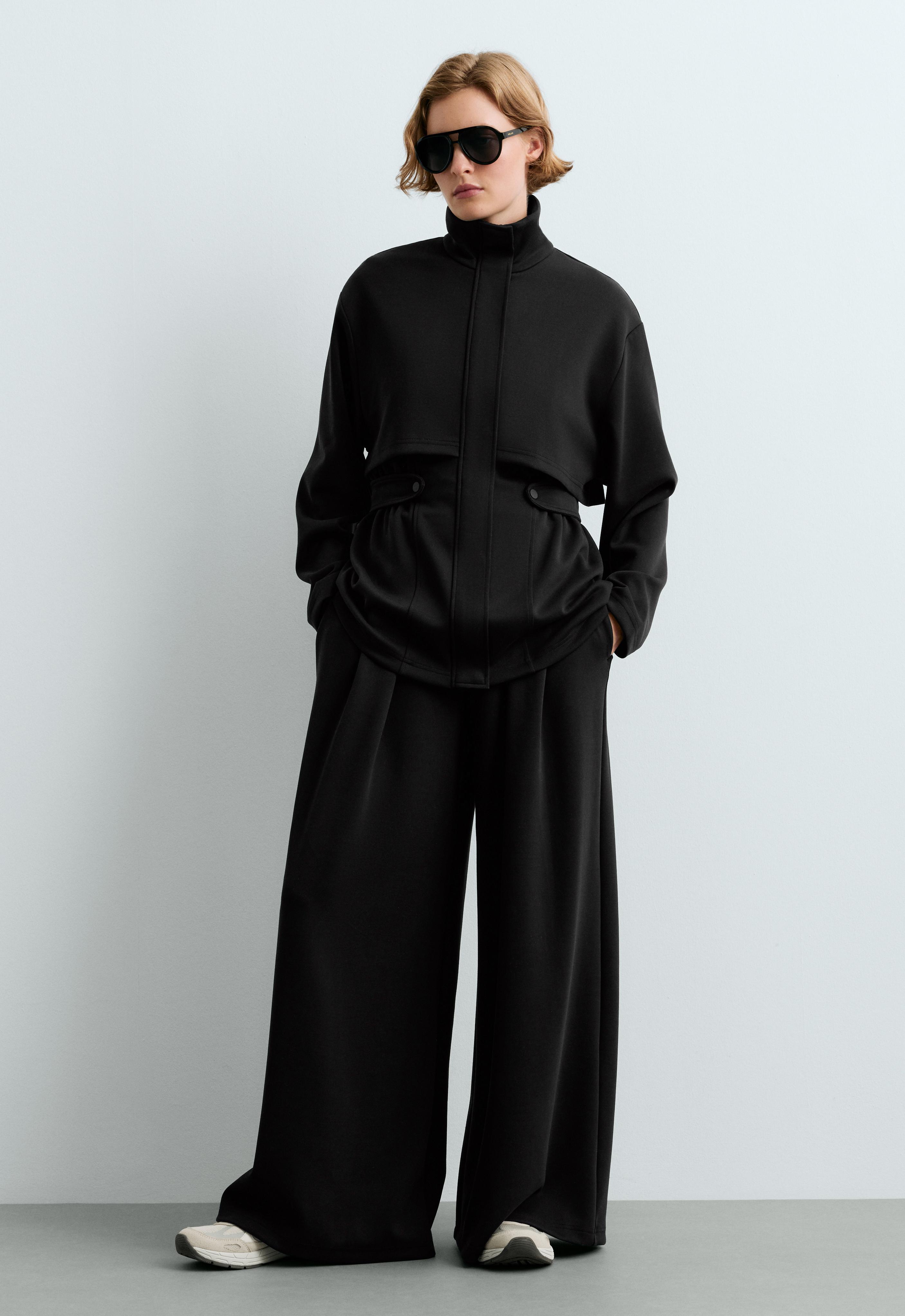Long piqué jacket with belt — BLACK