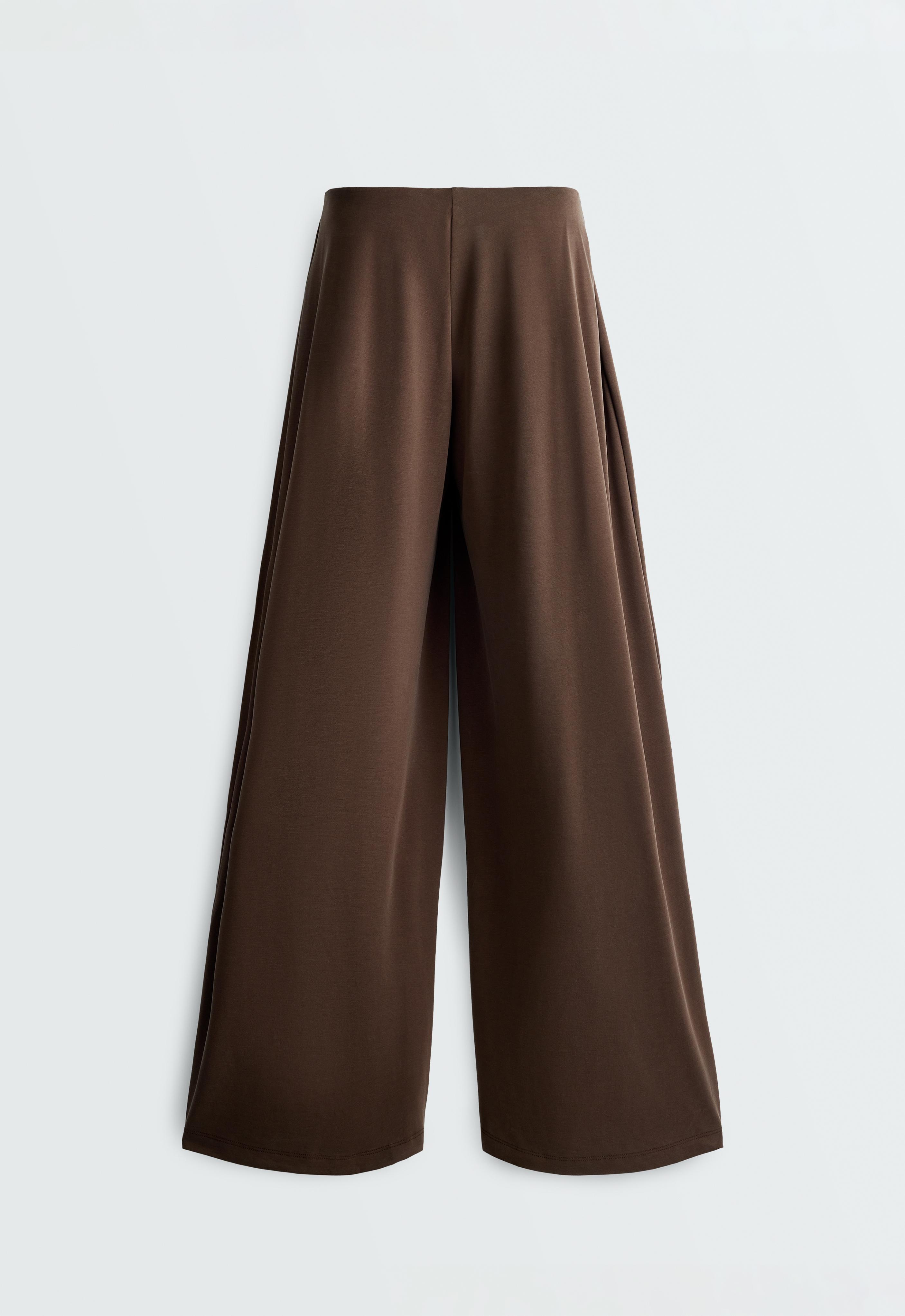 Modal blend straight-leg trousers with side pleat — DARK BROWN