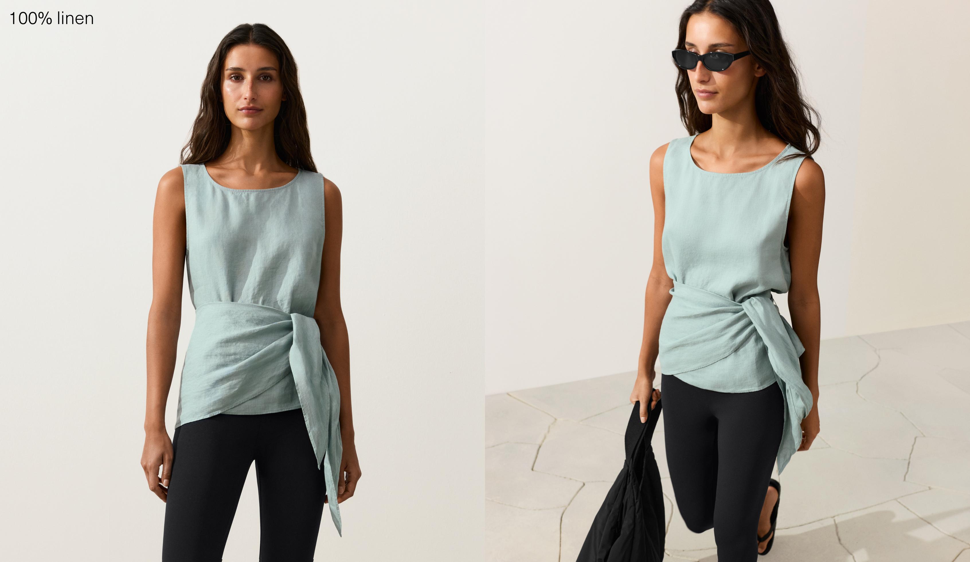 Sleeveless top with 100% linen scarf — AQUAMARINE