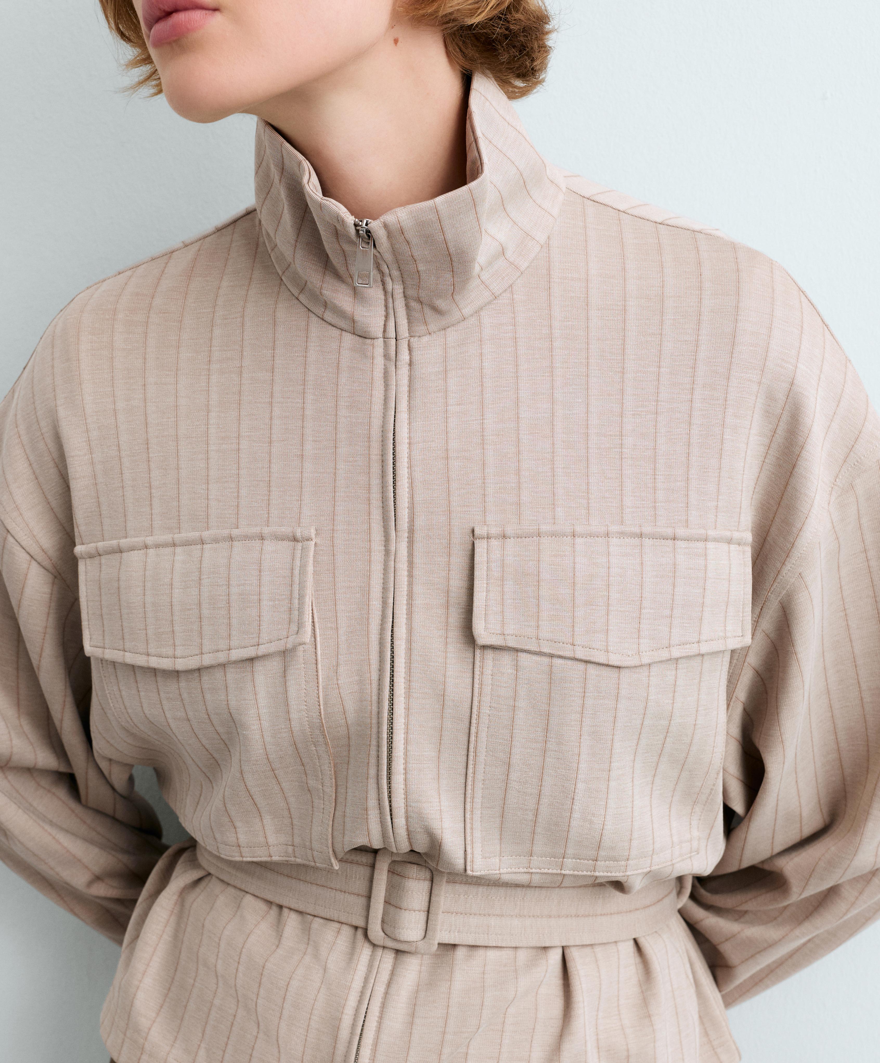 Soft-touch striped belted jacket — SOFT MINK