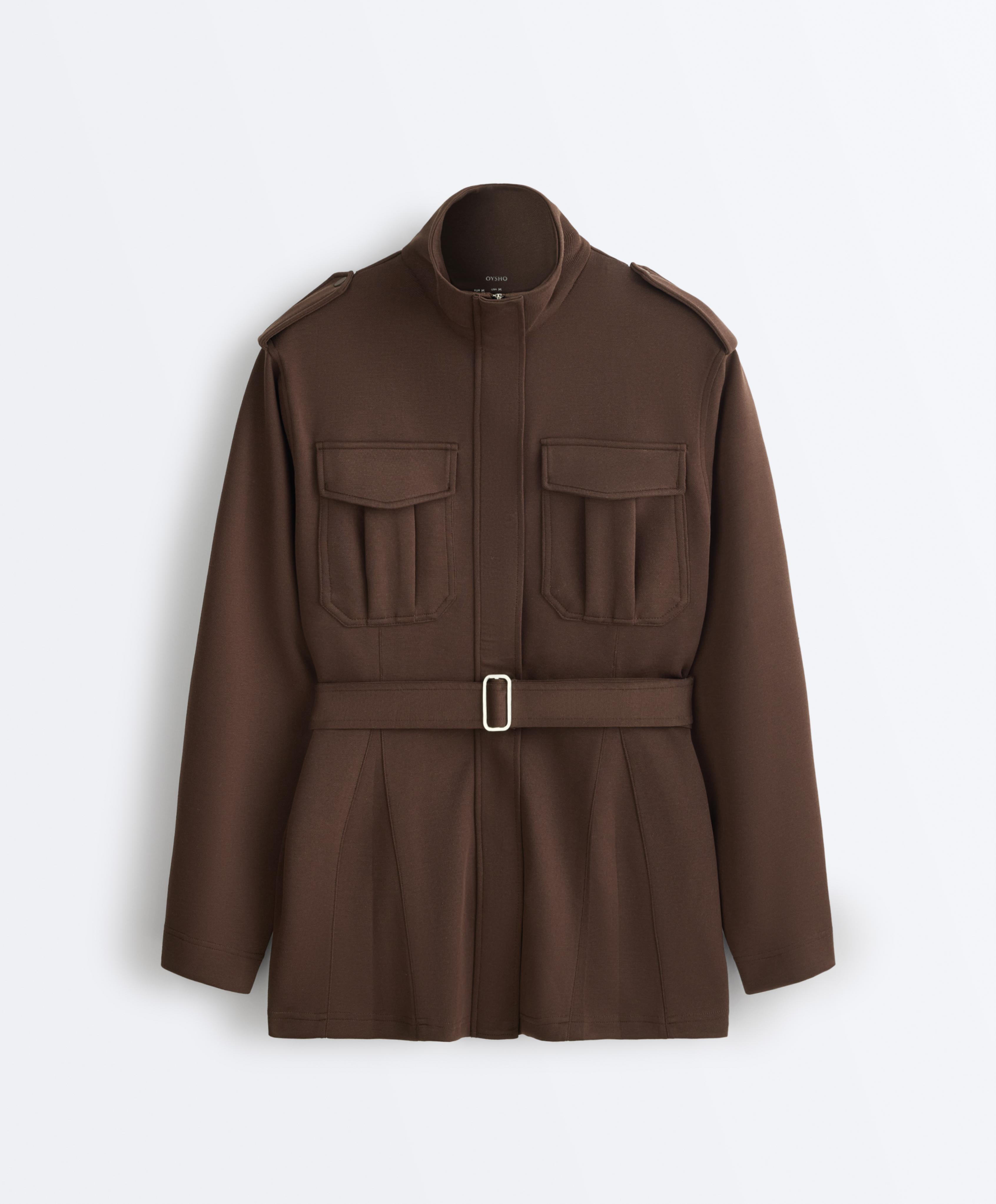 Long utility pique jacket with belt — DARK BROWN