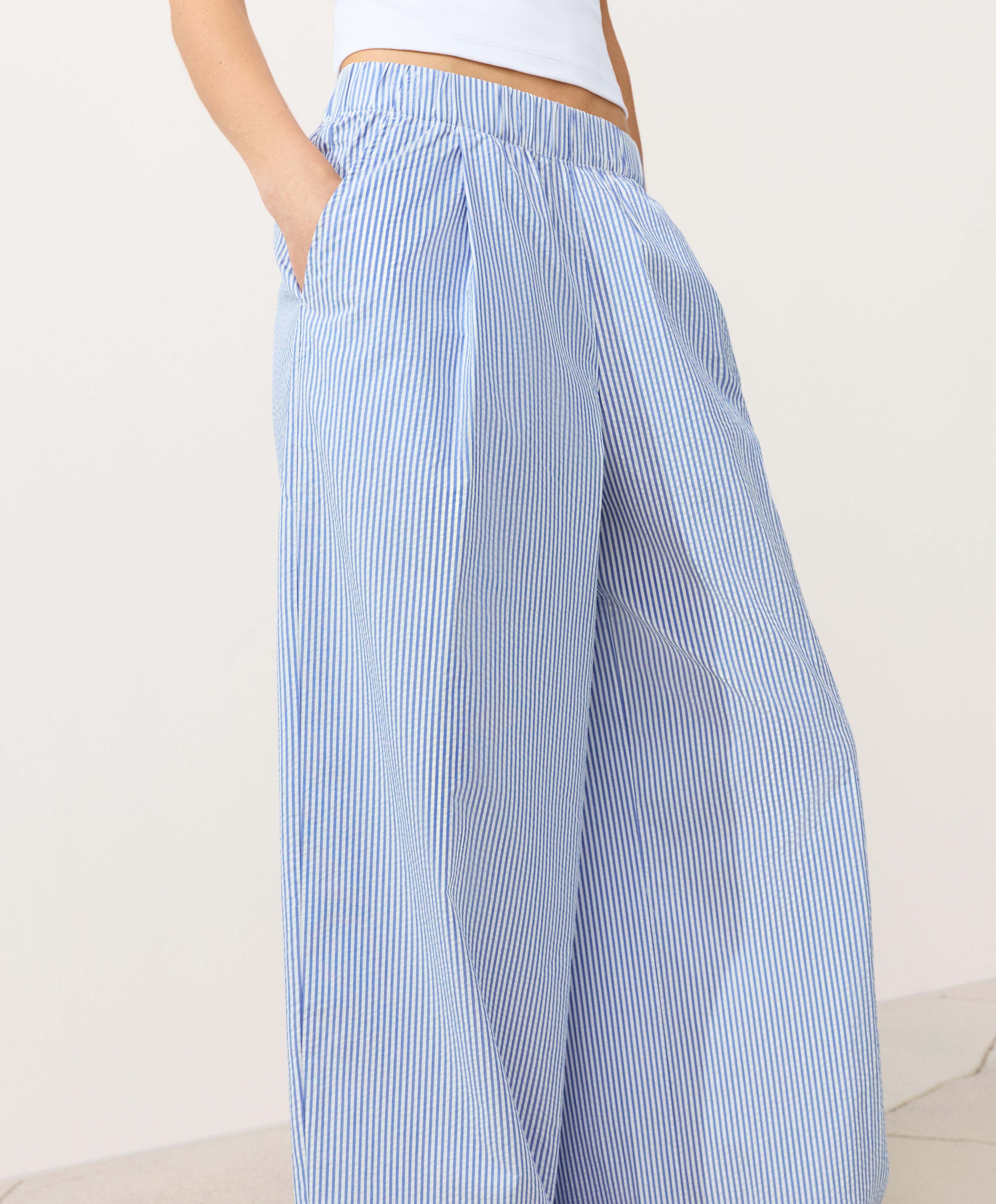 Wide-leg cotton blend striped trousers — PALE BLUE