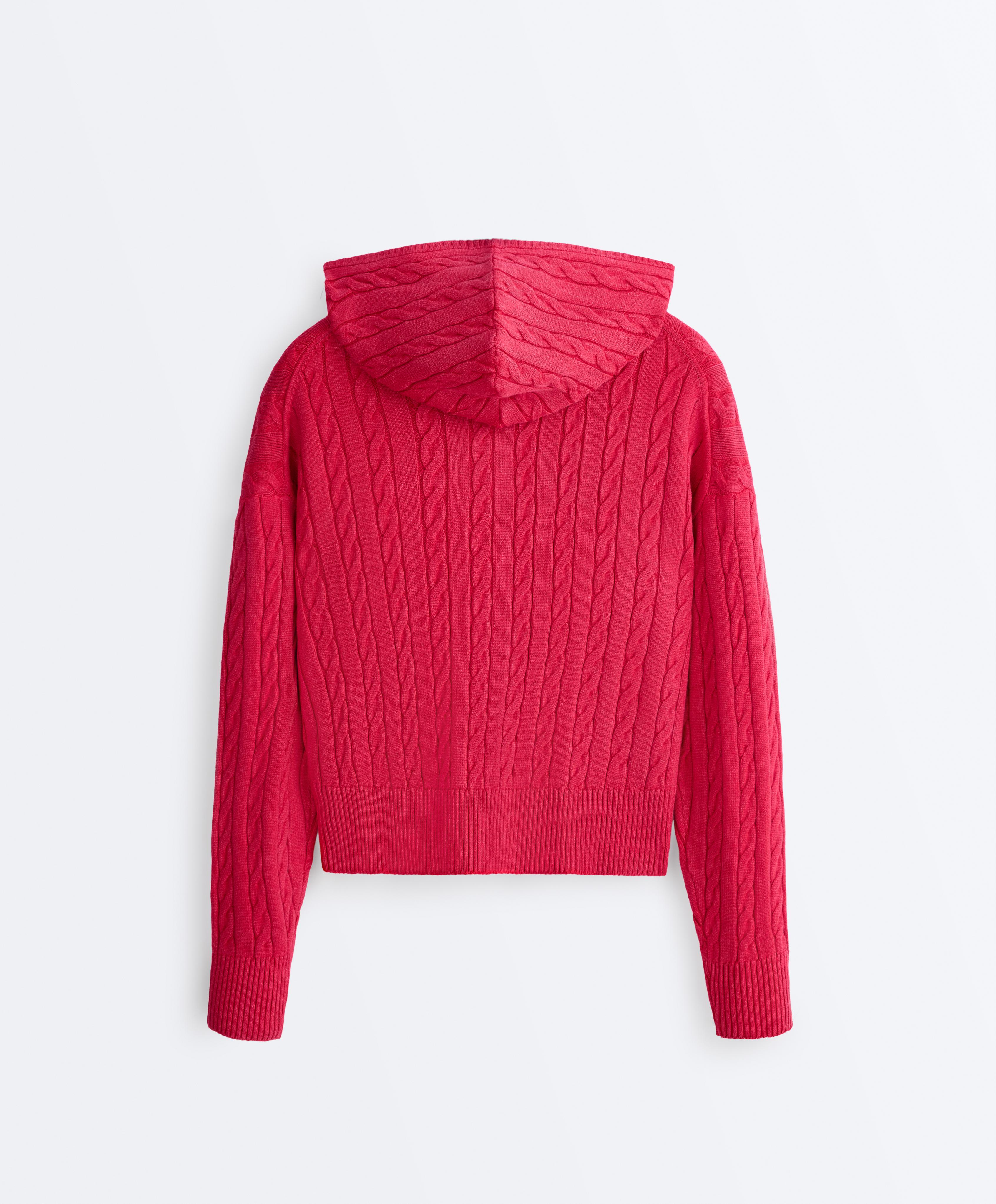 Washed cable knit hooded jacket — RED
