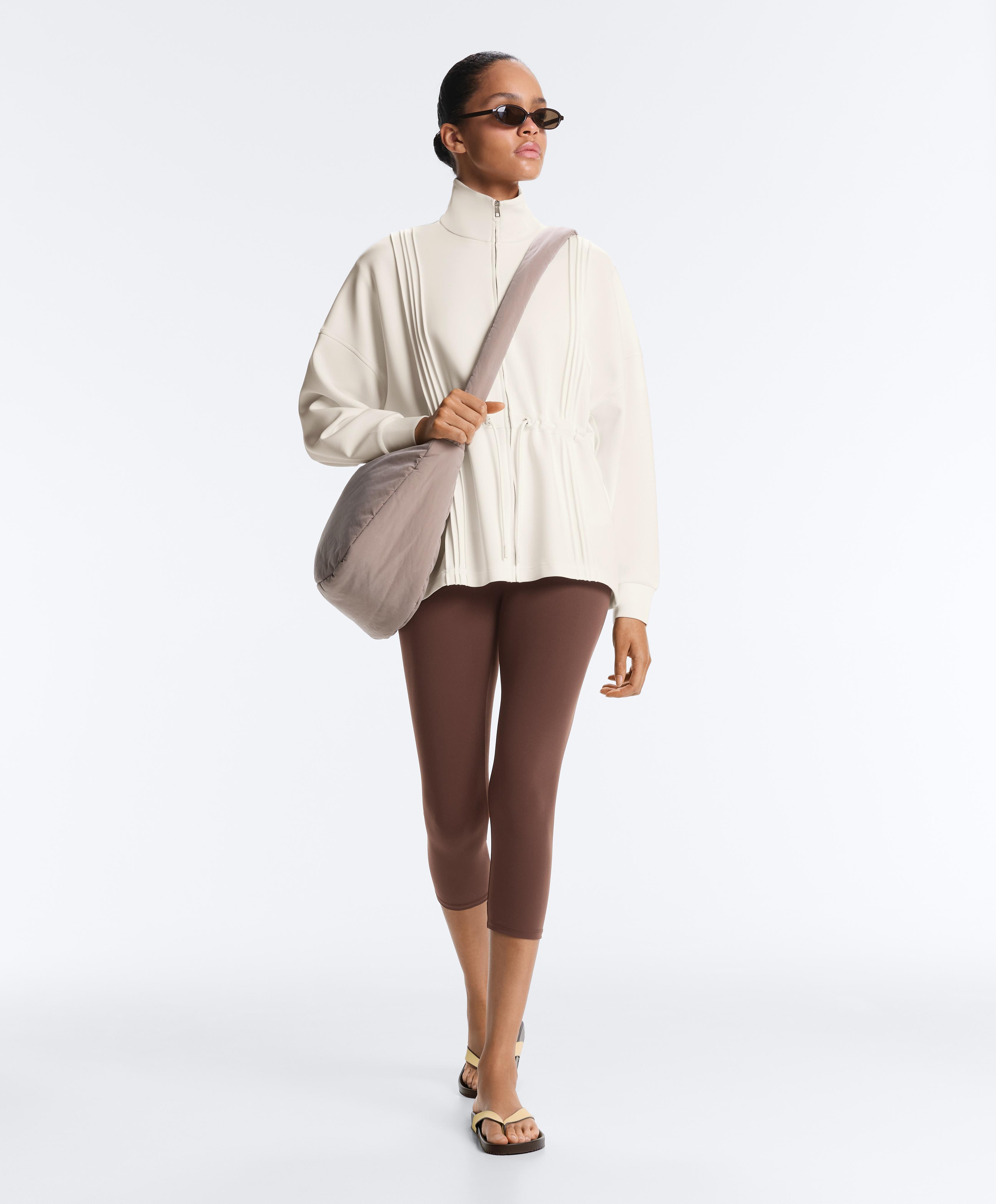Long jacket with ribbed high neck and soft-touch modal — PALE ECRU