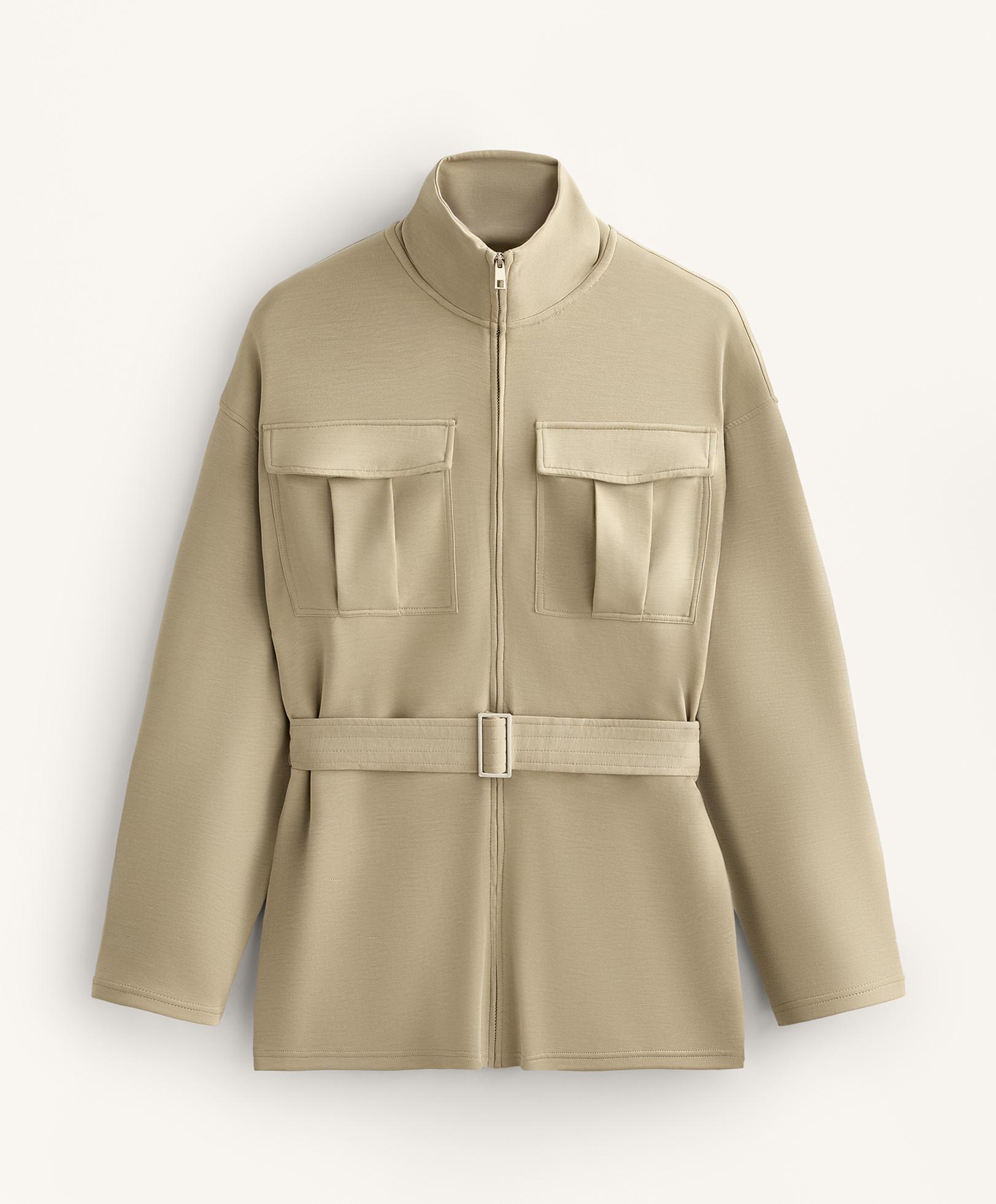 Long soft-touch jacket with modal and belt — GREEN BEIGE