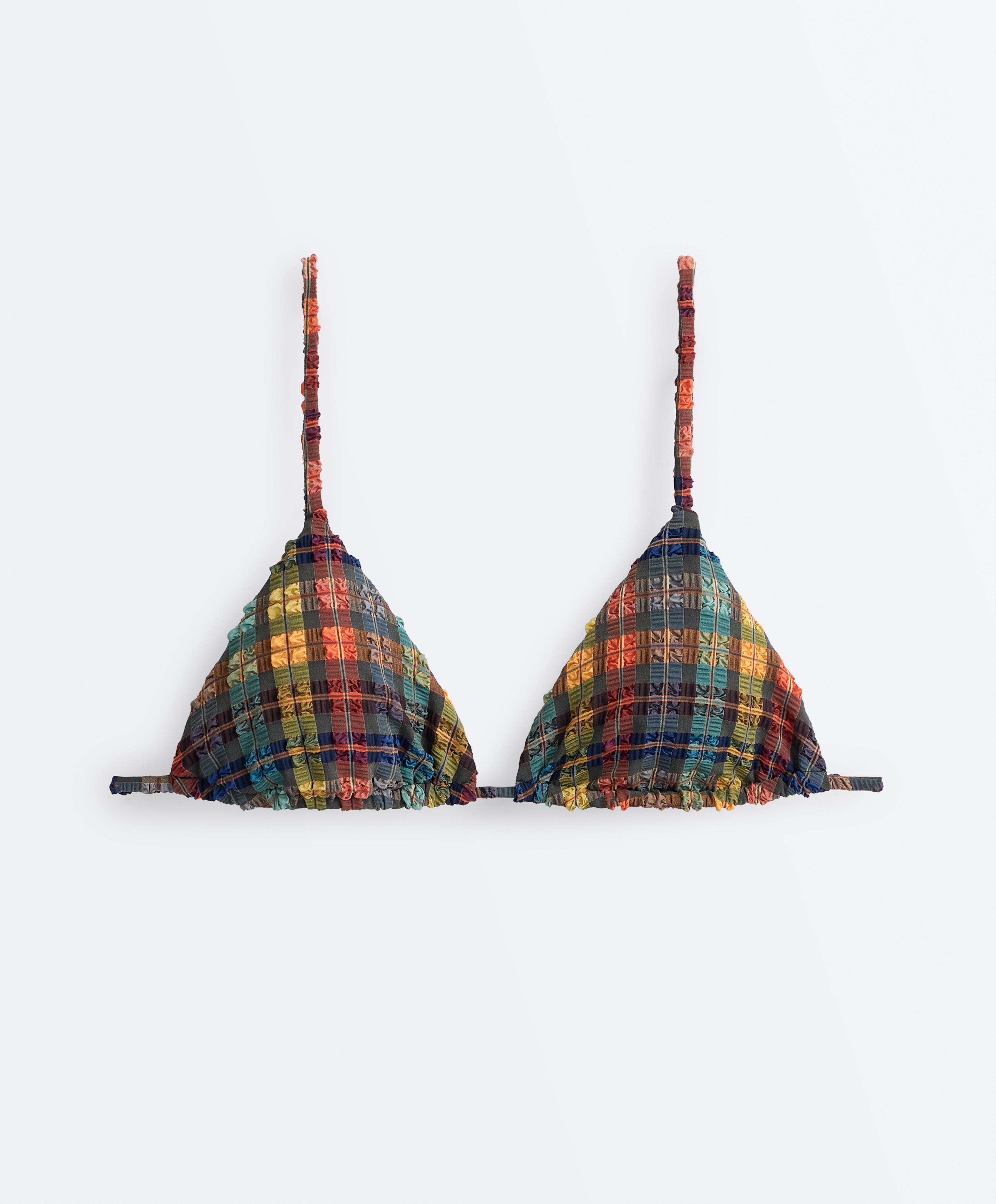 Textured check print triangle bikini top — BLUE GREEN