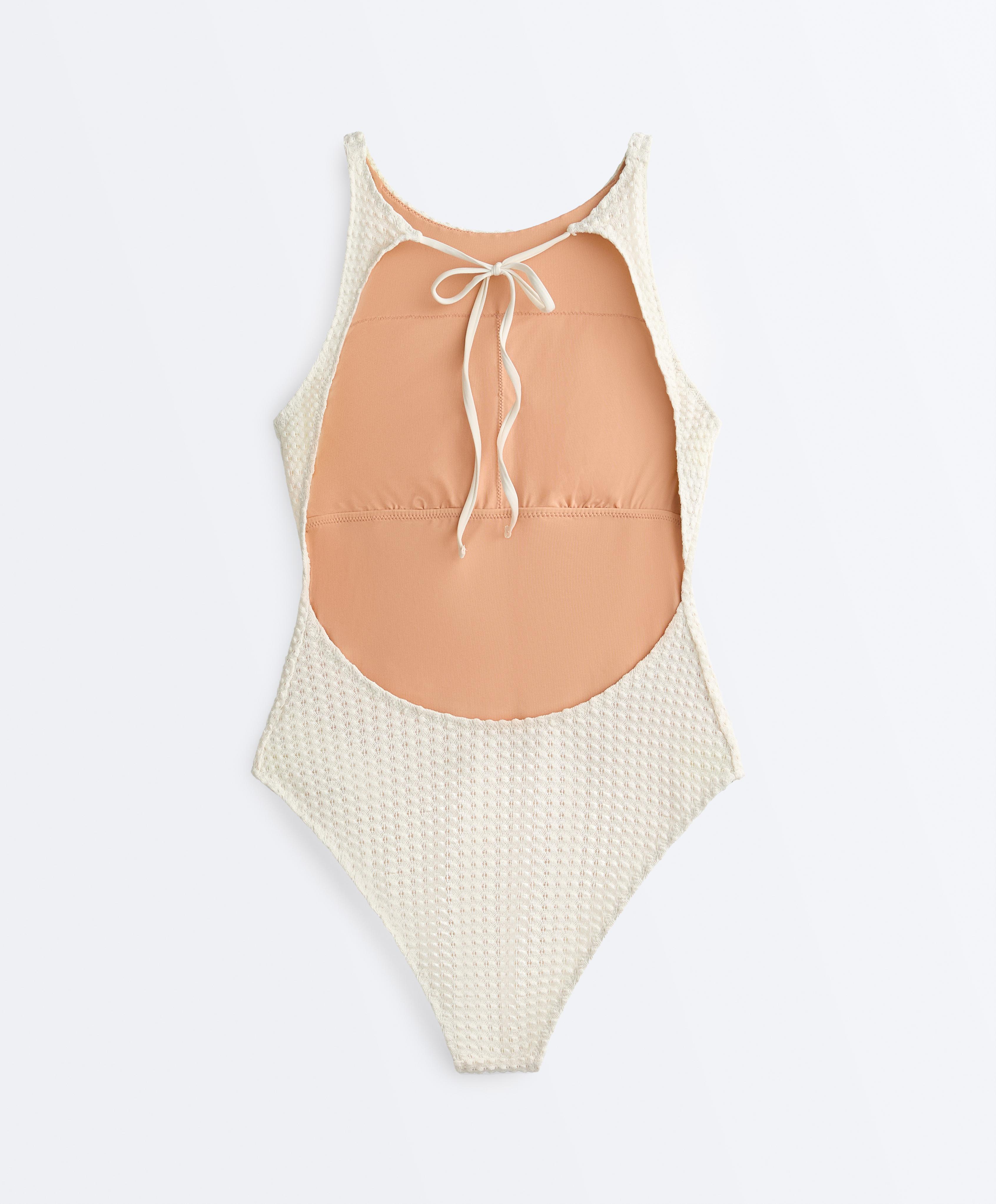 Bubble-texture crochet halter swimsuit — ECRU