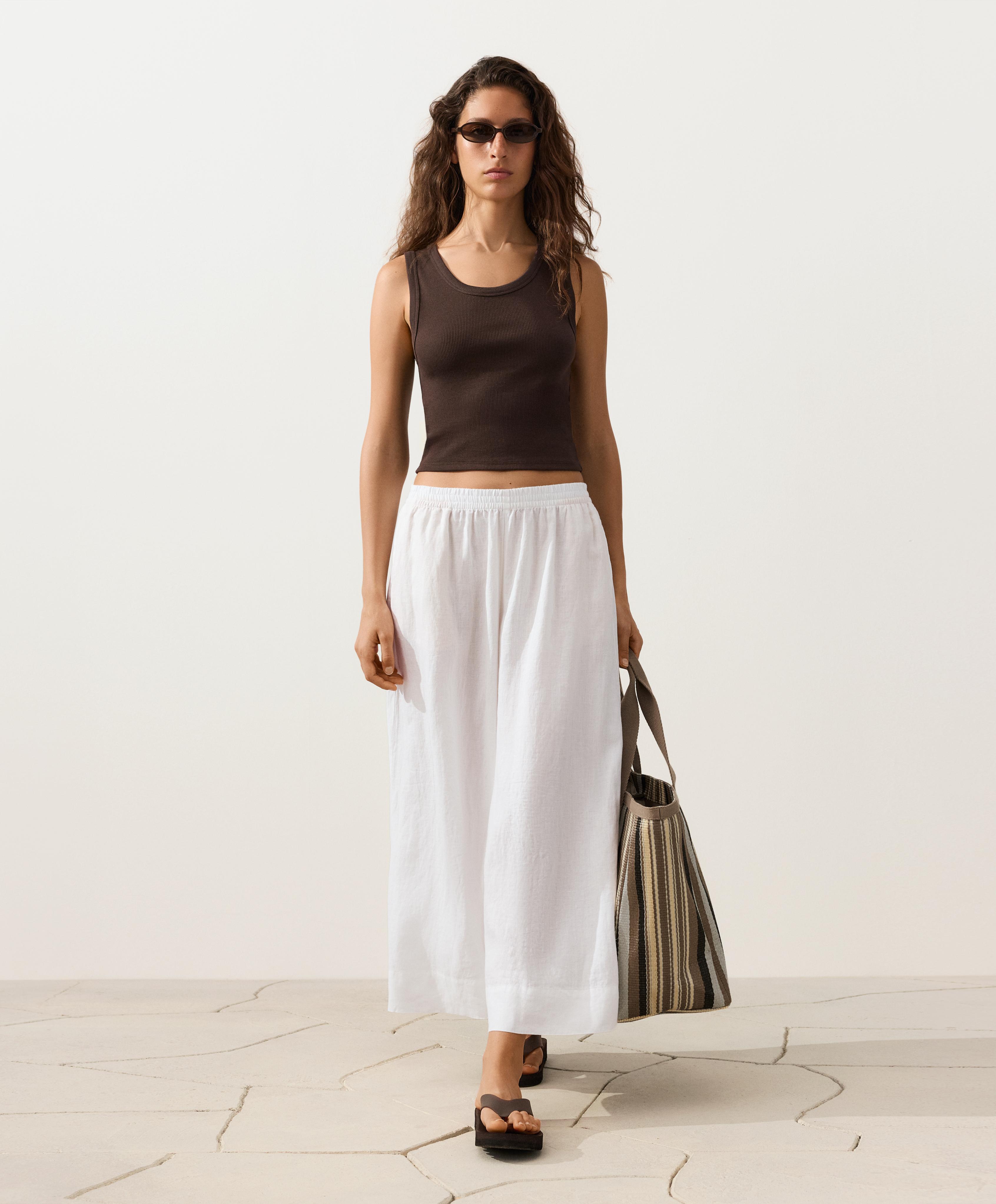 100% linen super wide-leg cropped trousers — WHITE