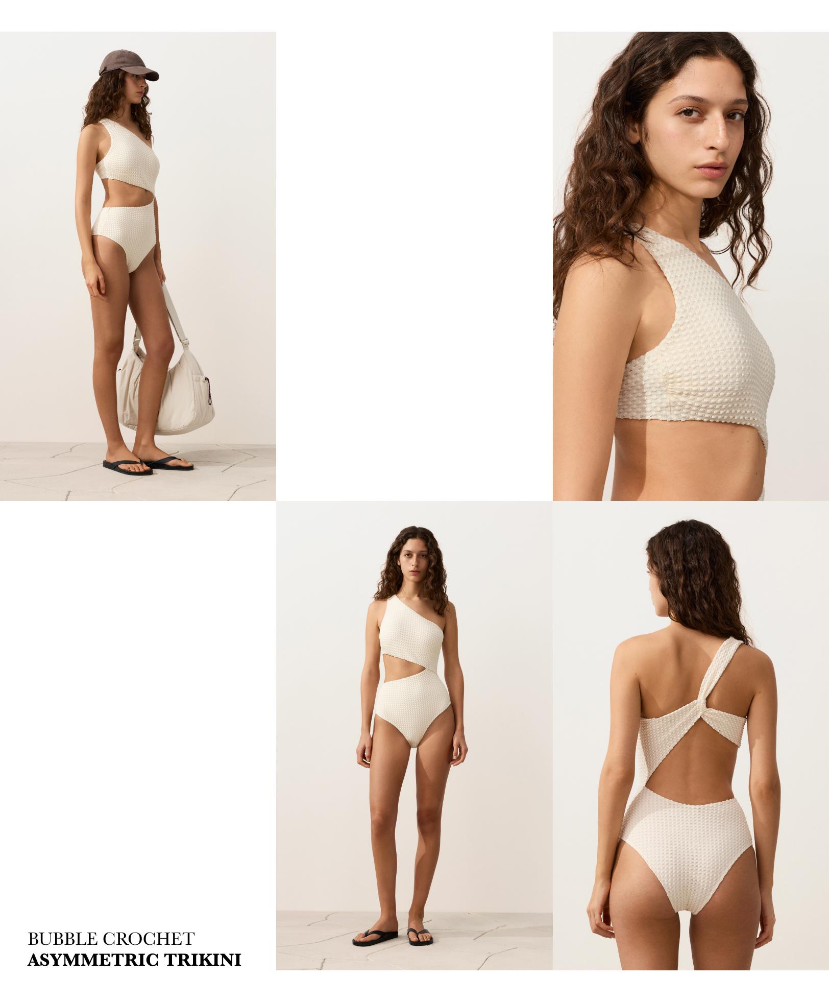 Bubble crochet asymmetric trikini — ECRU