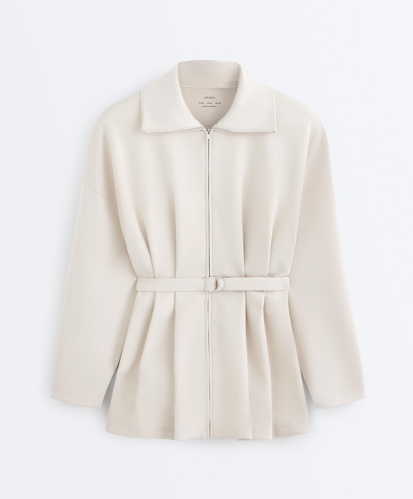Long cotton piqué belted jacket — PALE MINK