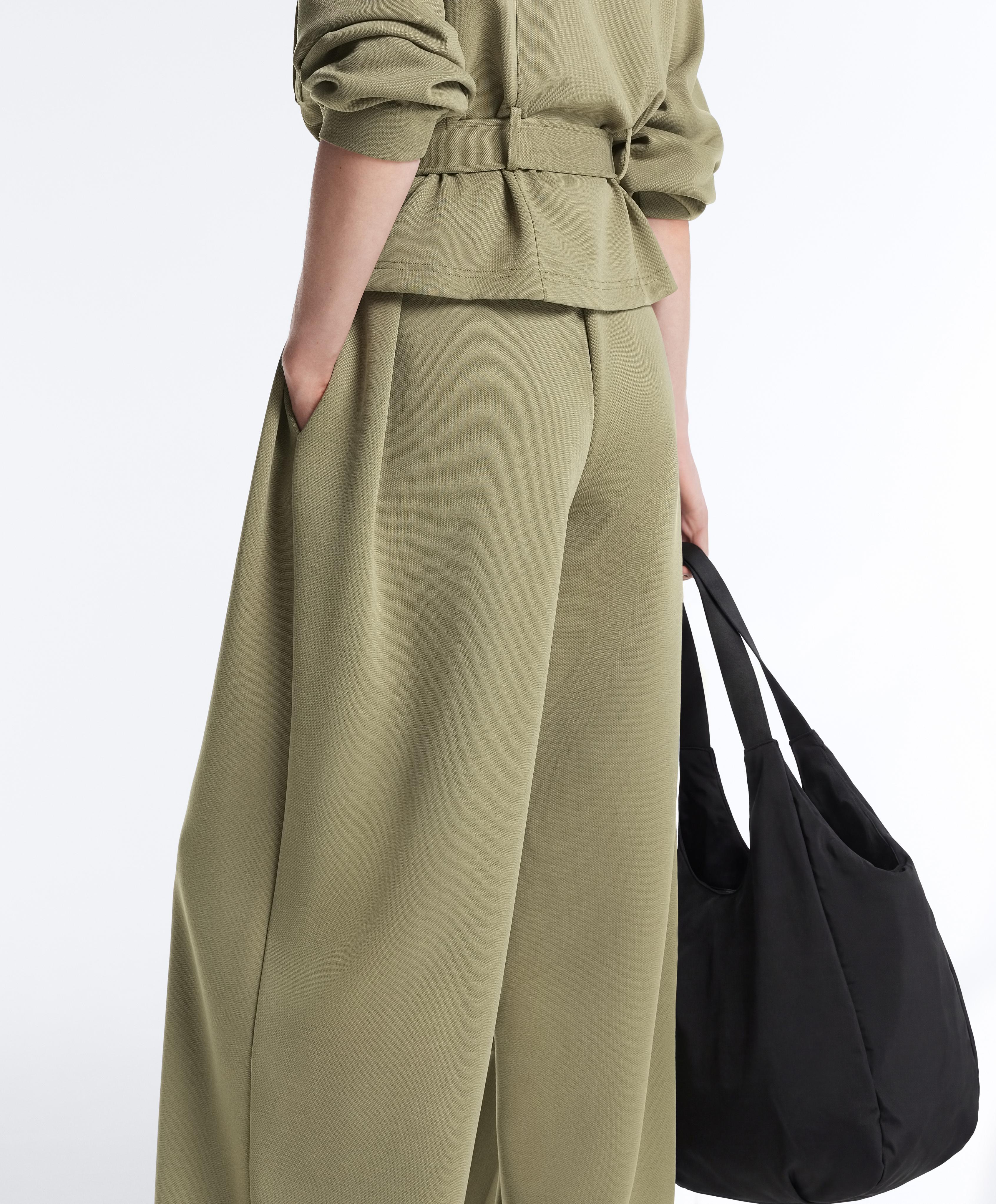 Wide-leg high rise pique trousers with buckles