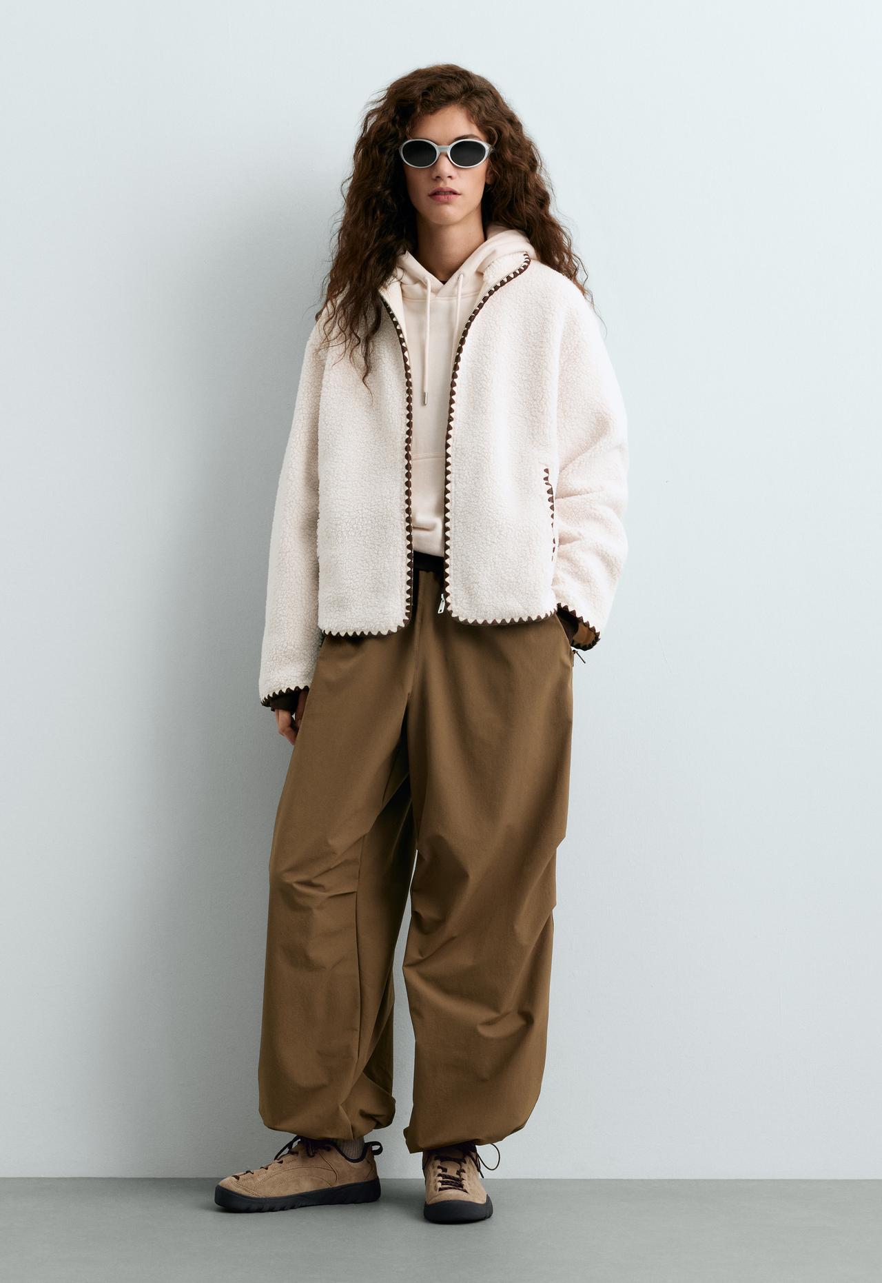 High-neck faux-shearling jacket with contrast stitching — ECRU