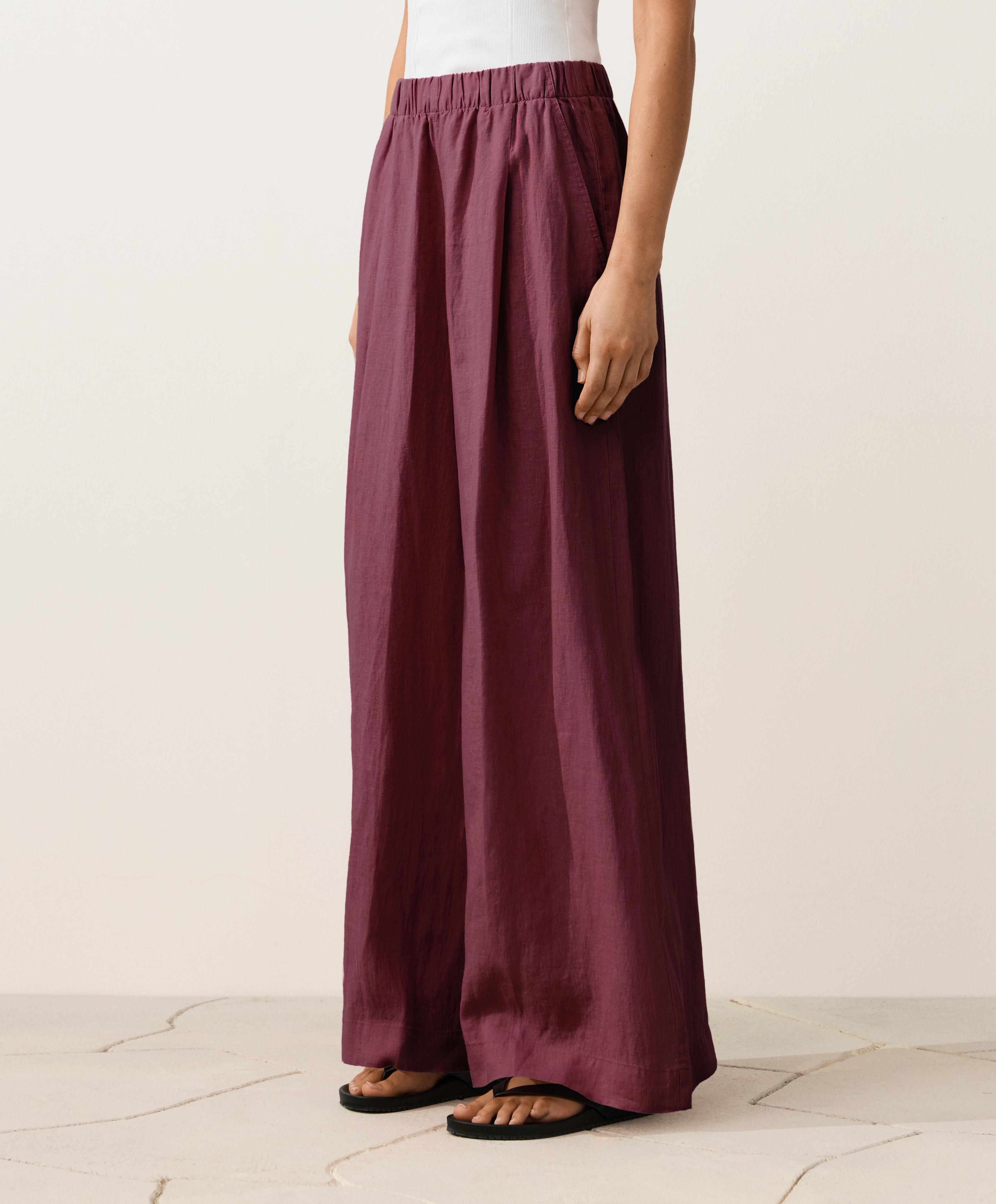 100% linen wide-leg trousers — CHERRY