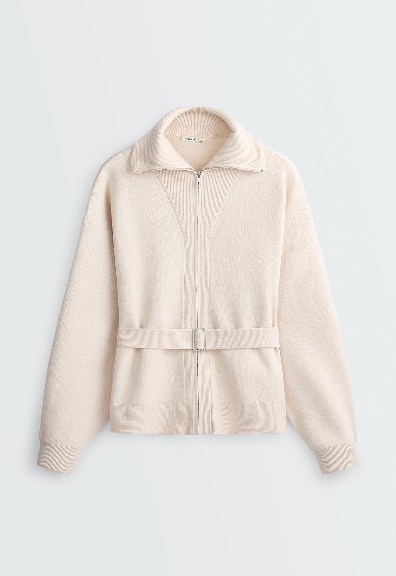 High-neck belted jacket — ECRU