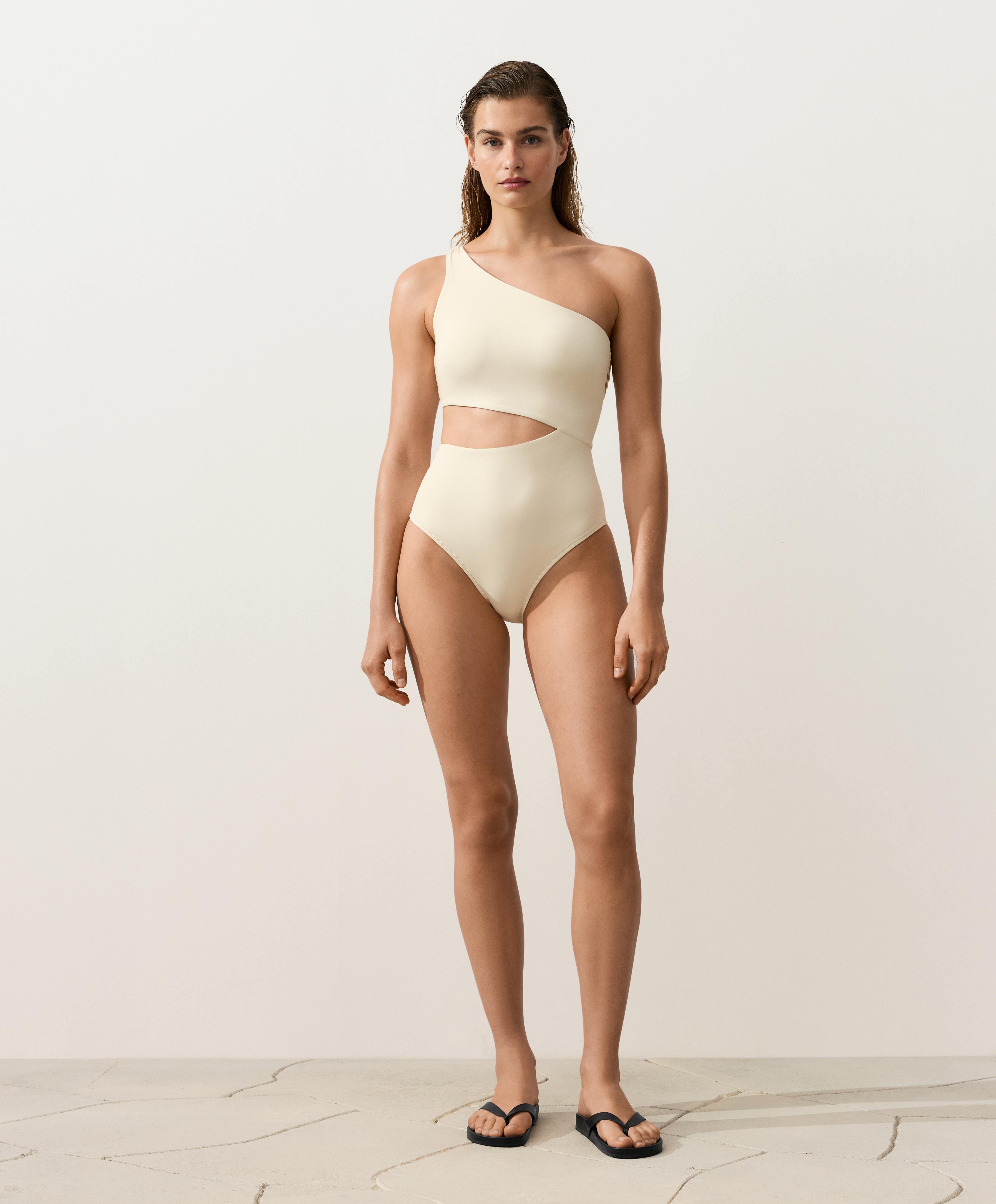 Asymmetric strap trikini — ECRU