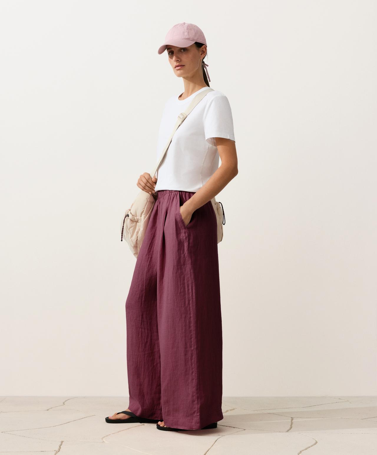 100% linen wide-leg trousers — CHERRY