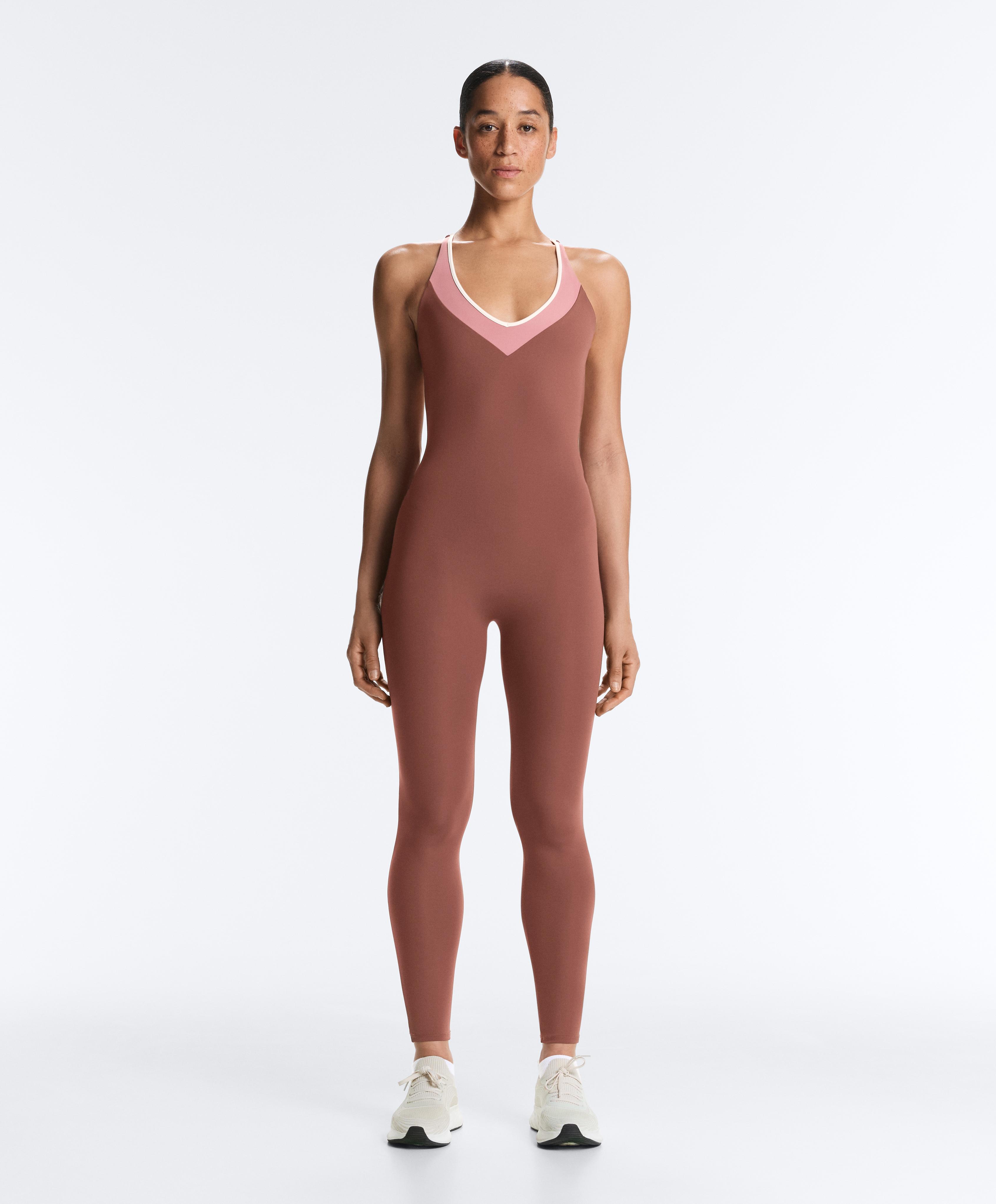 Comfortlux block long jumpsuit — MAHOGANY