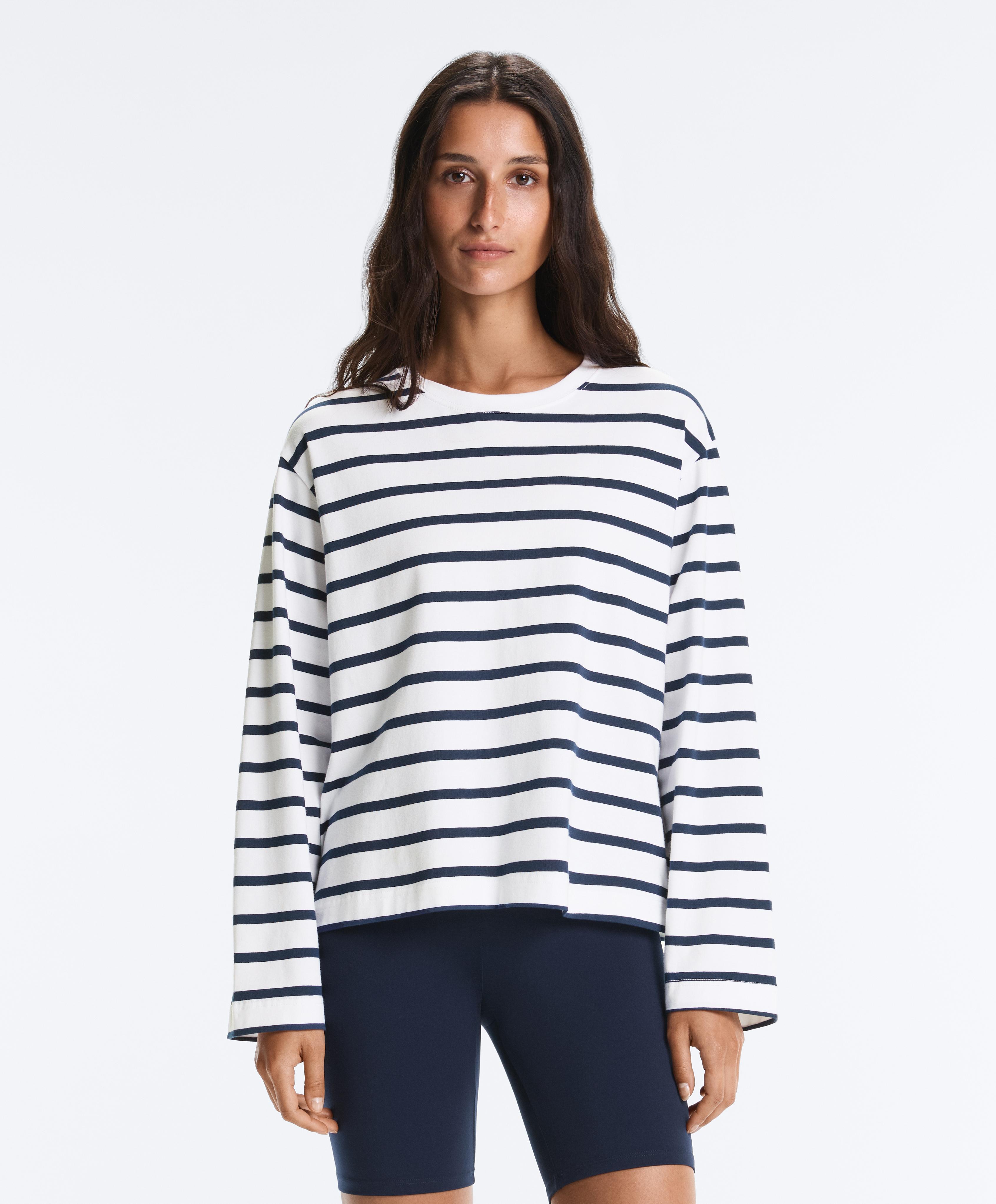 Boxy oversize striped cotton blend long sleeve T-shirt — NAVY BLUE