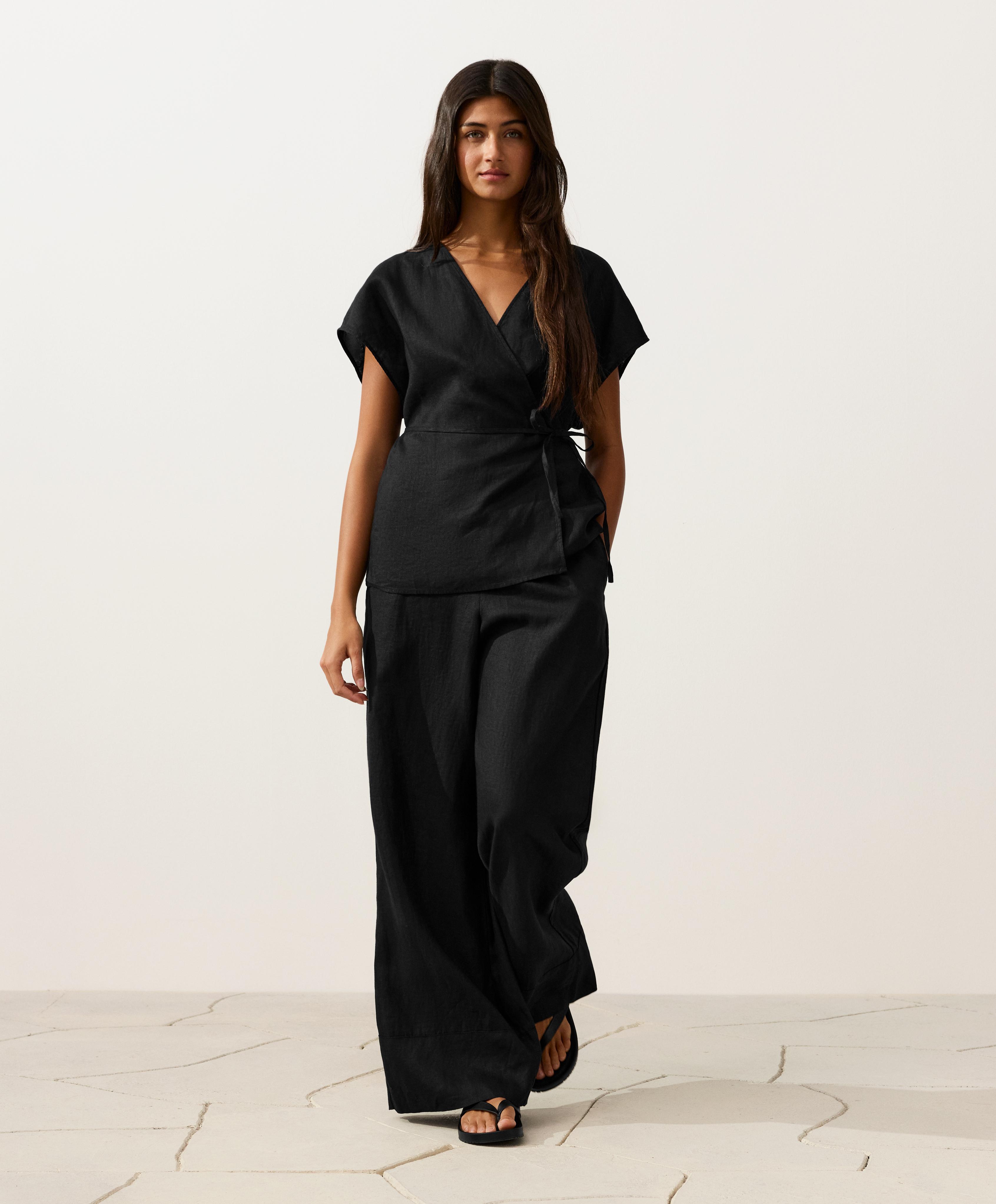 100% linen wrap shirt with tie — BLACK