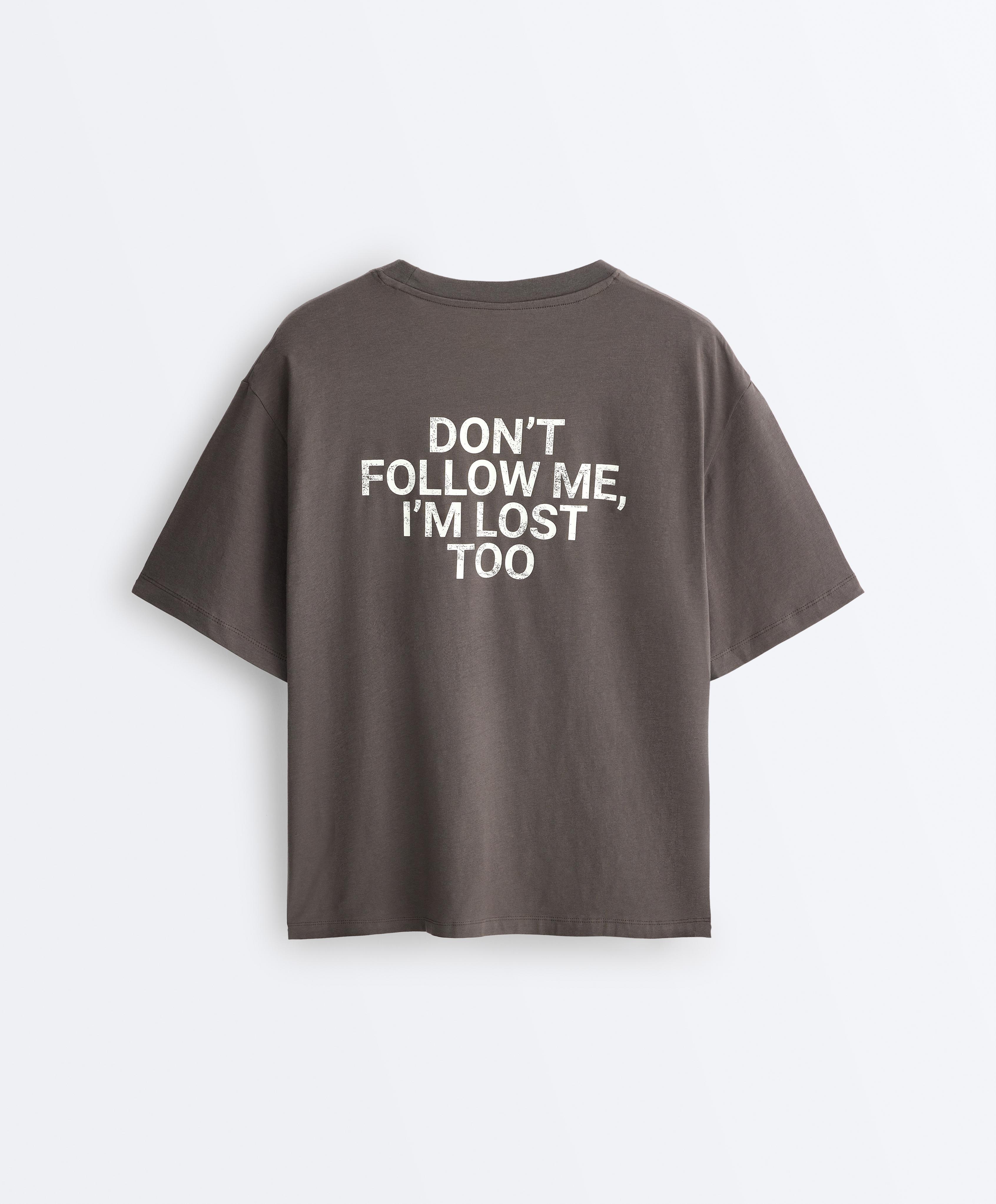Boxy cotton blend T-shirt with slogan — CHARCOAL