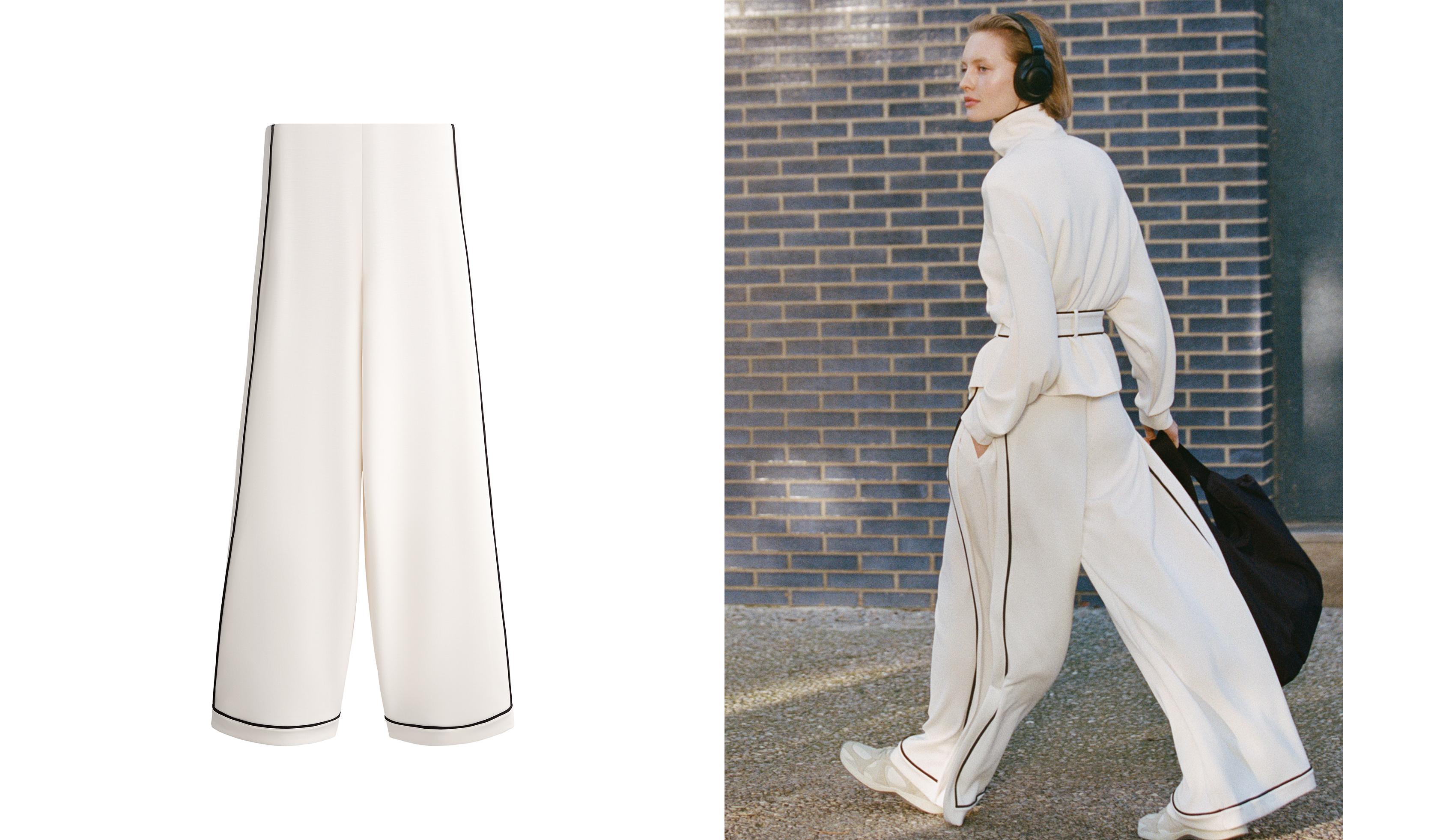 Soft-touch modal wide-leg trousers with contrast piping — PALE ECRU