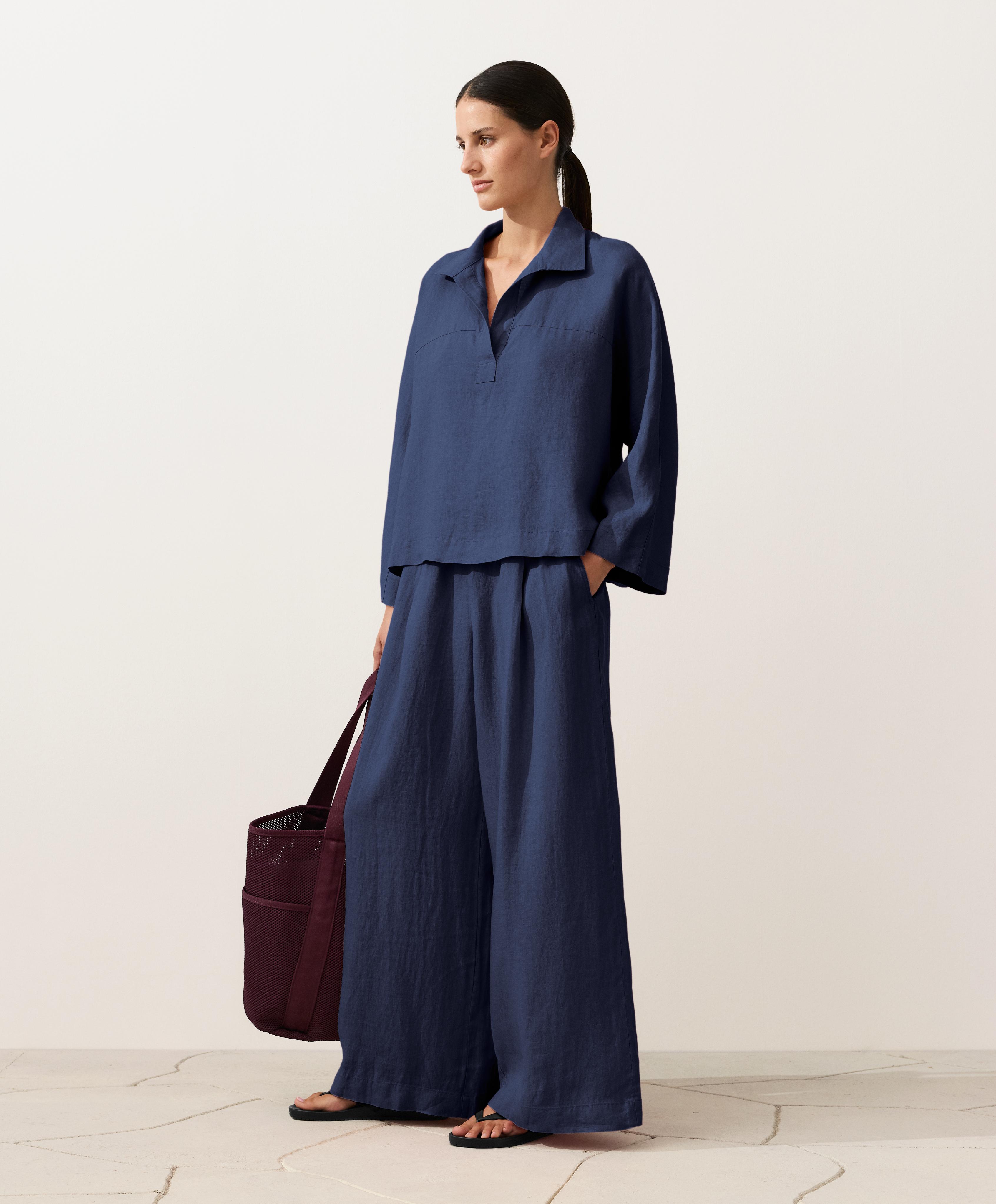 100% linen wide-leg trousers — NAVY