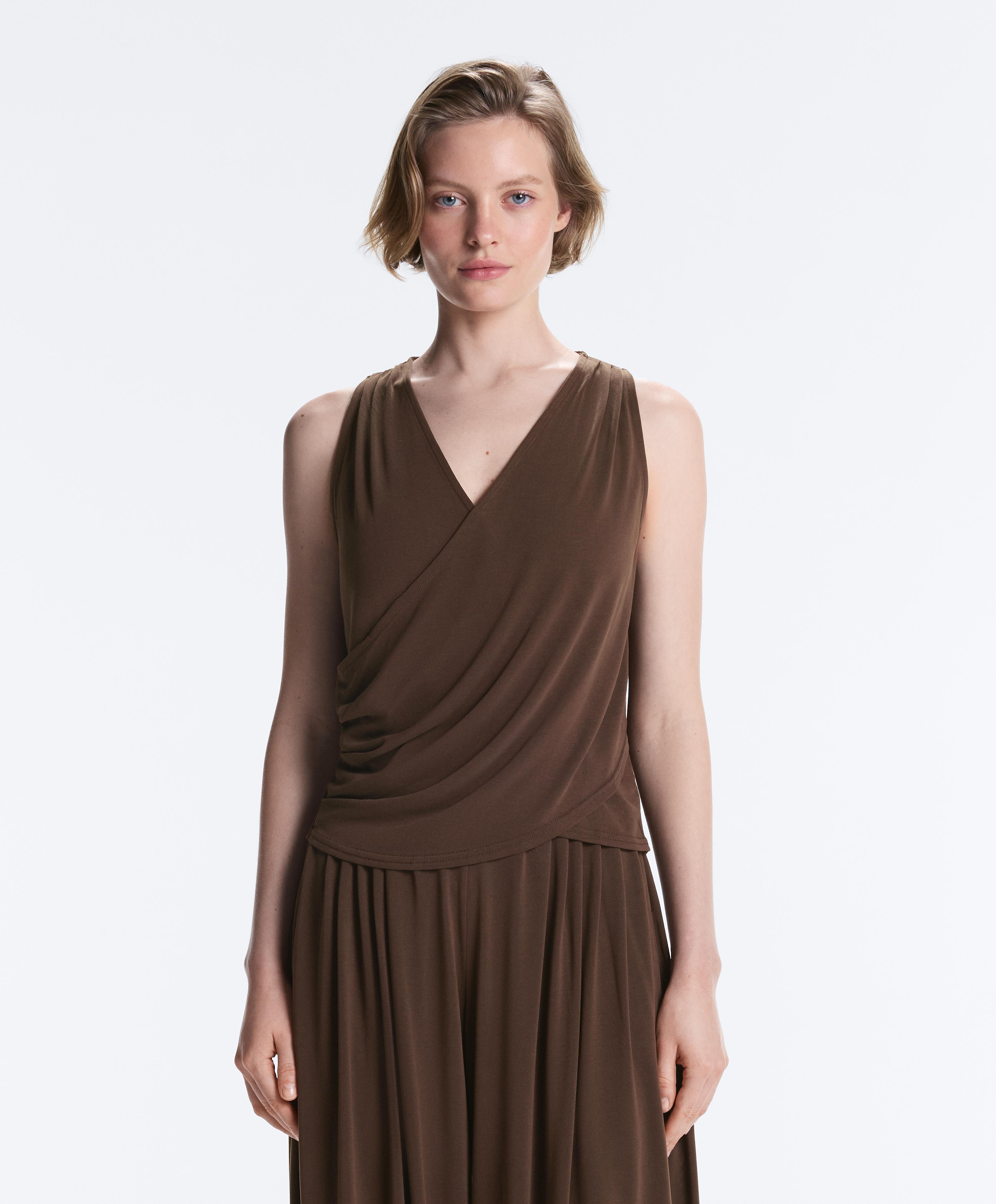 Modal blend crossover sleeveless T-shirt — DARK BROWN