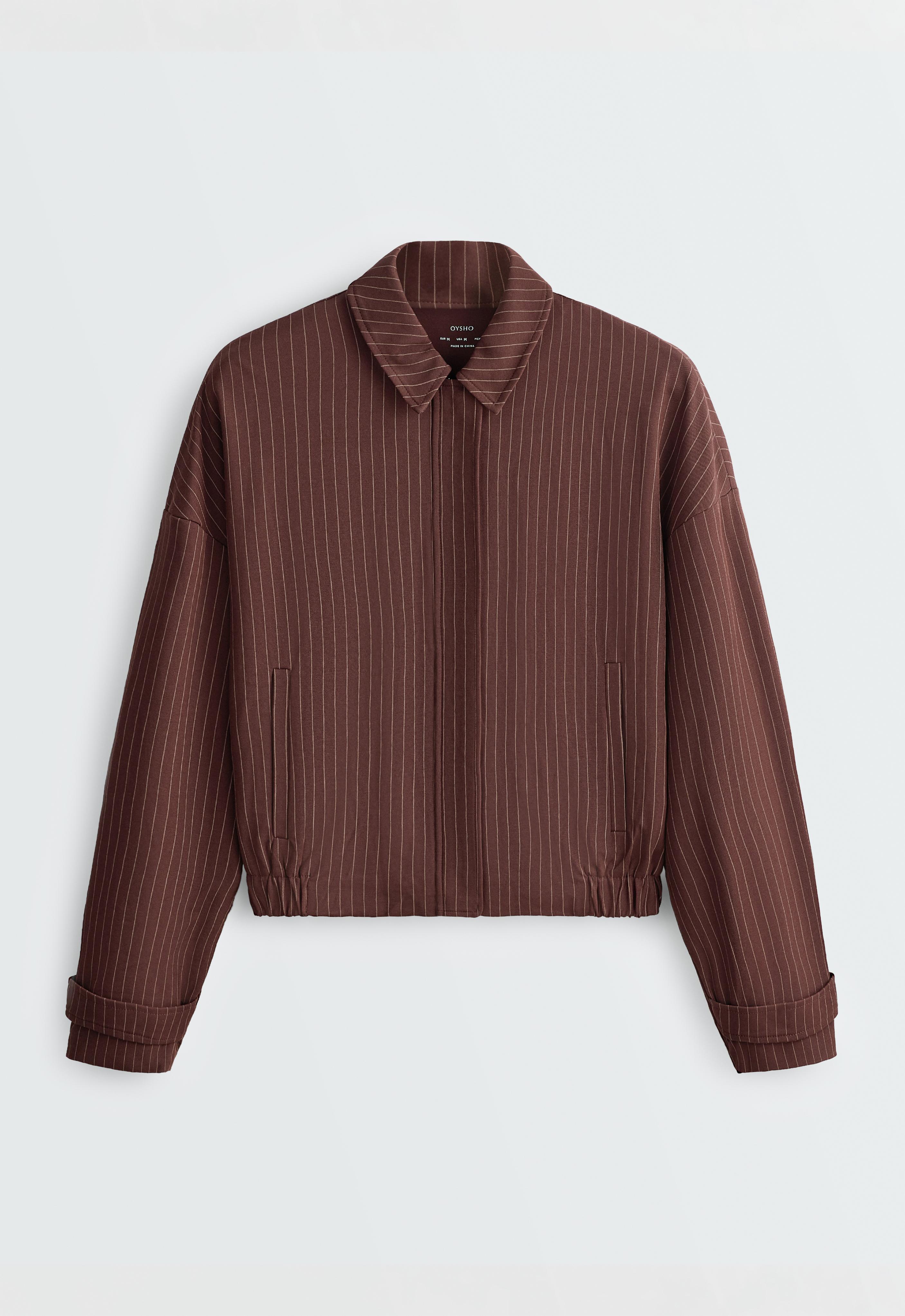 Pinstripe piqué polo neck jacket with cotton — CHOCOLATE