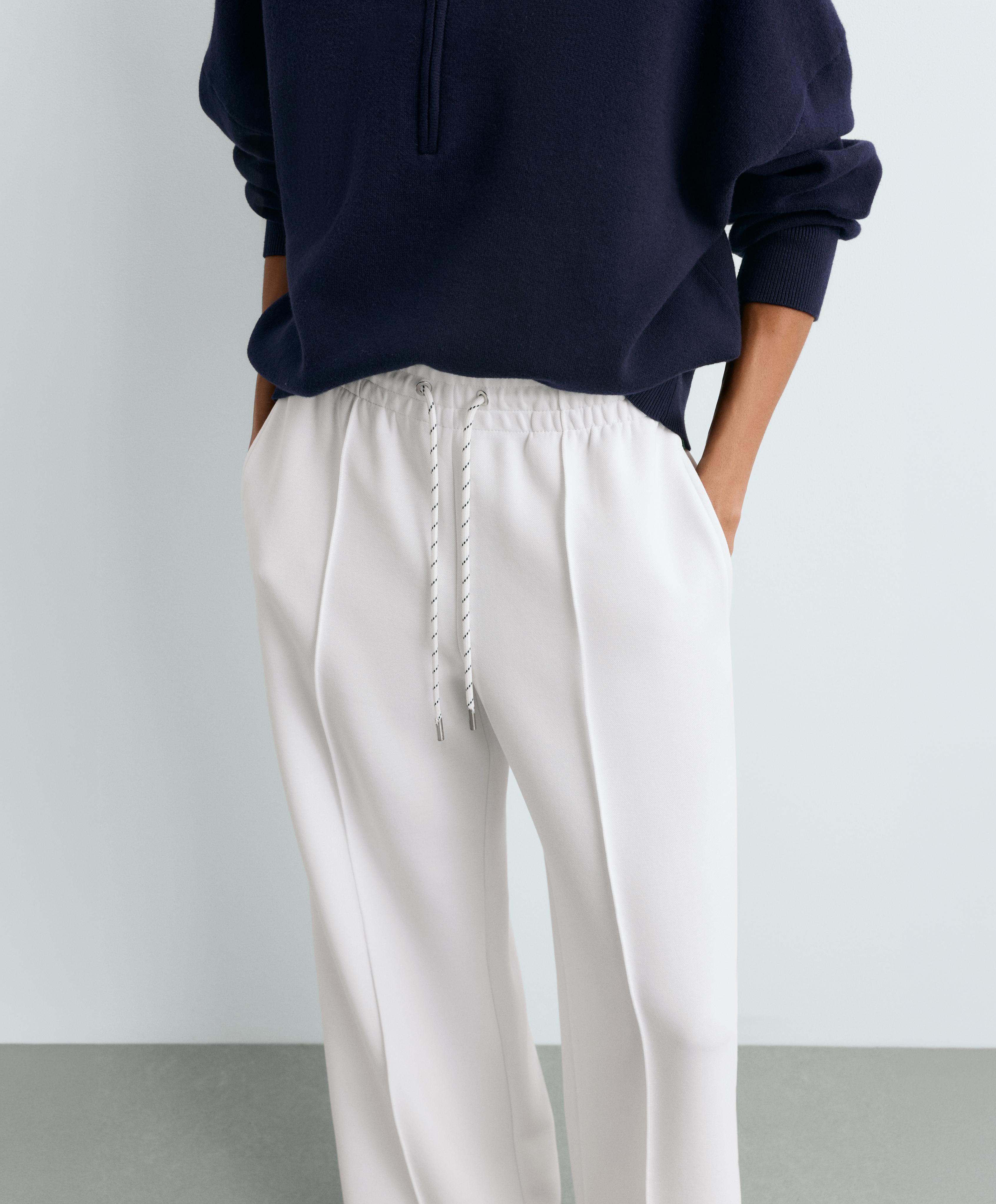 Cotton piqué straight-leg trousers with piping — WHITE 