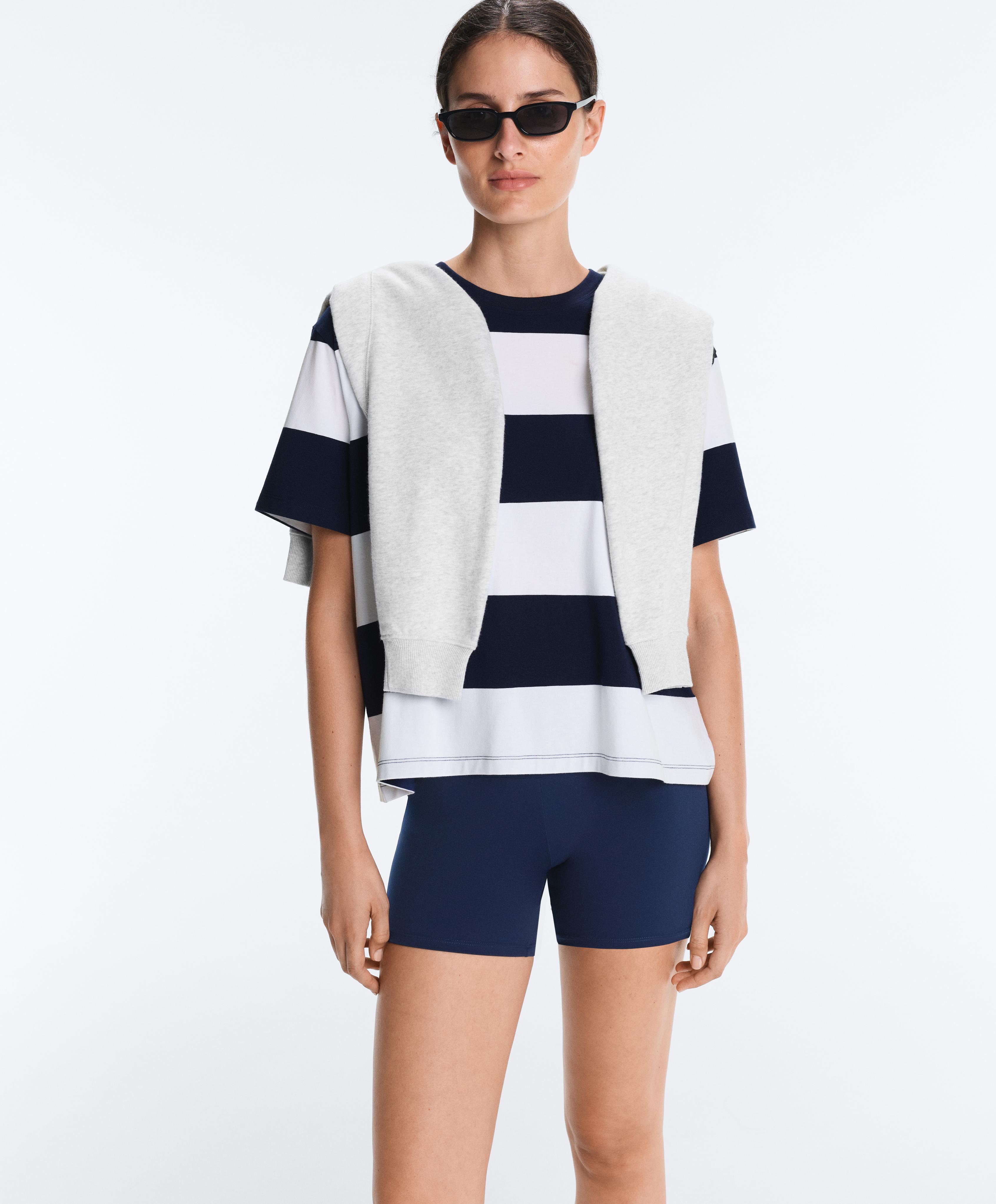 Boxy cotton-blend T-shirt with wide stripes — NAVY BLUE