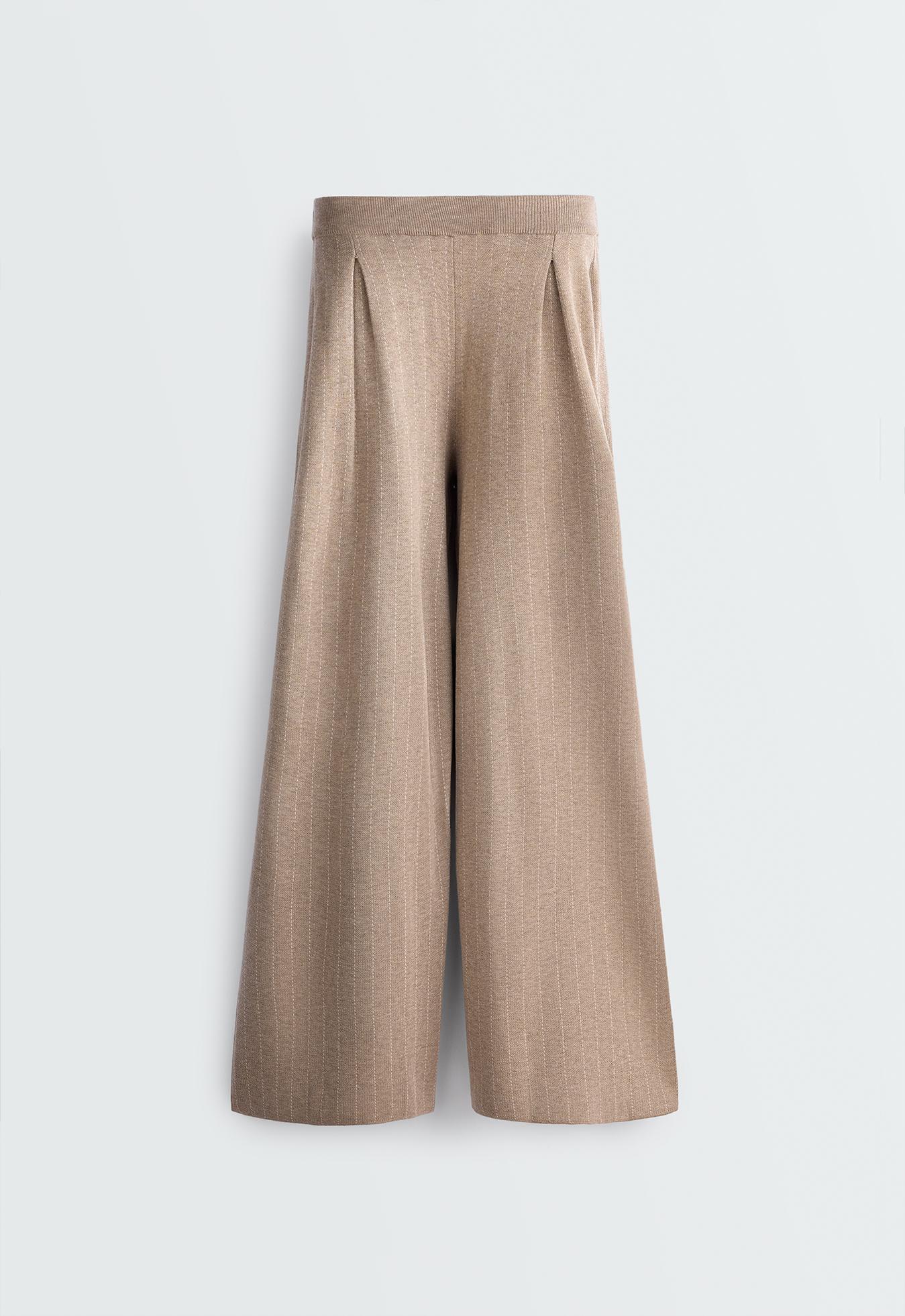 Wide-leg pinstripe knit trousers — DARK NOUGAT