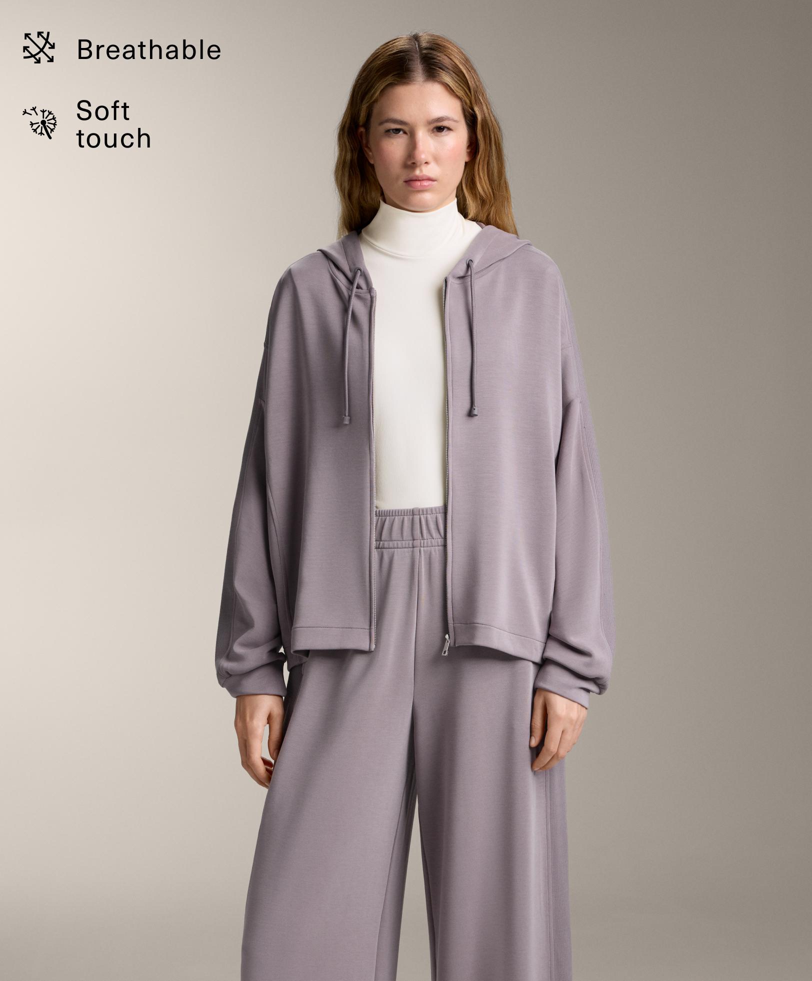 Long hooded jacket with rib detail and soft-touch modal - Sale