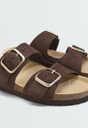 Buckle split-leather slides — BROWN 6