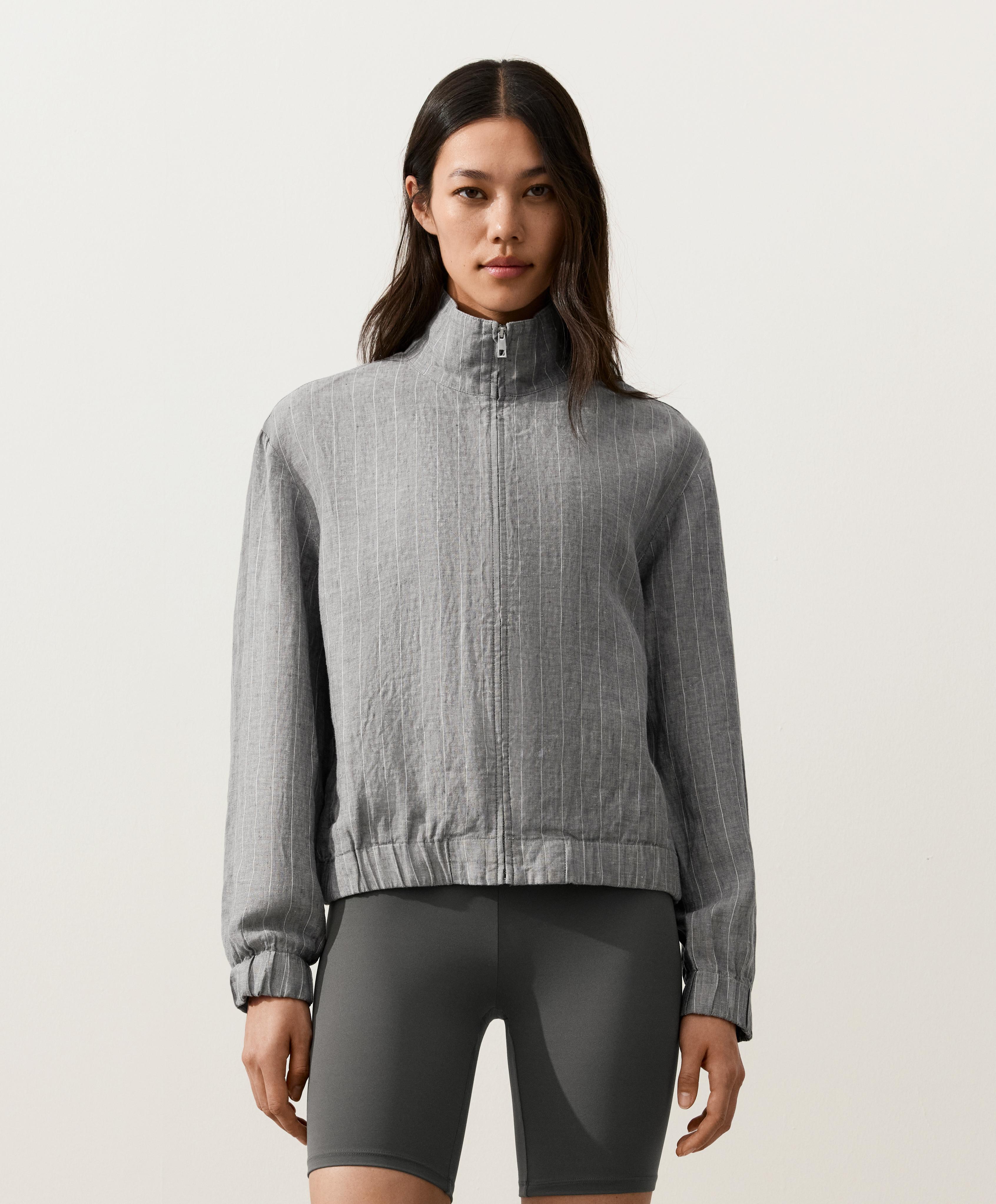 Pinstriped 100% linen high-neck jacket — MID GREY