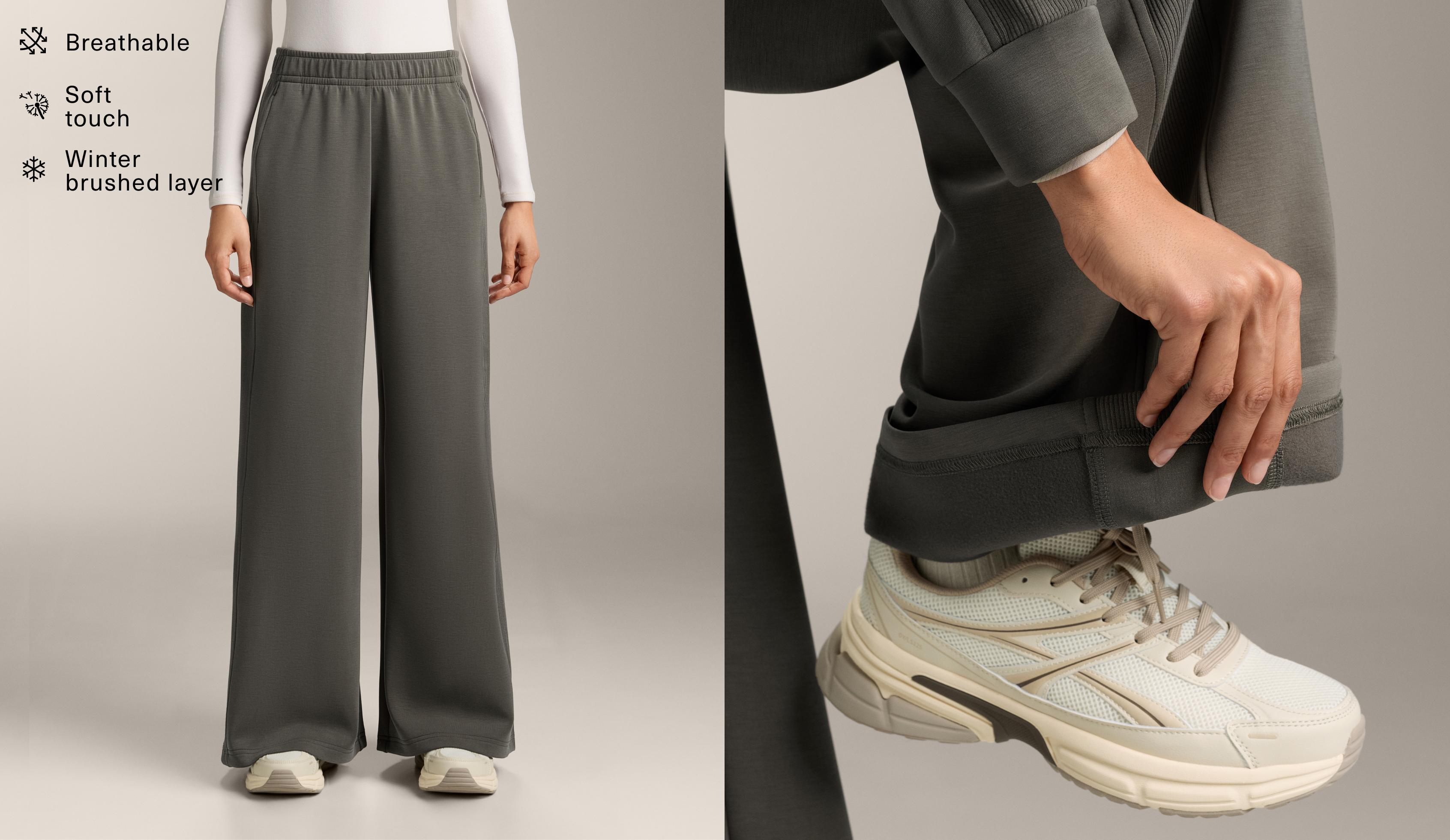 بنطلون مستقيم واسع بجانب مضلع ممزوج بالمودال الممشط