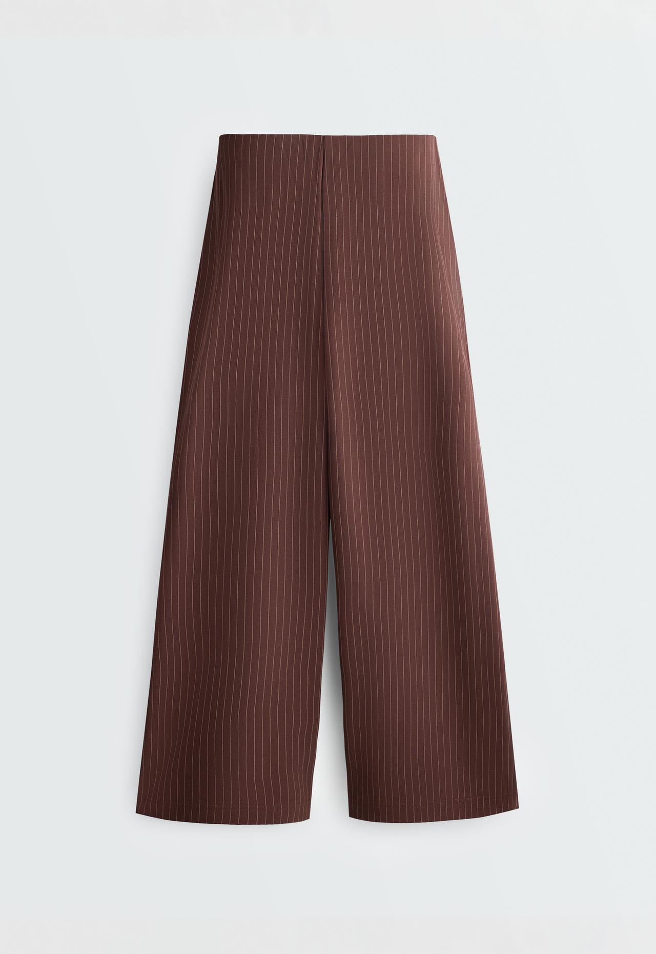 Wide-leg pinstripe piqué cotton crop trousers — CHOCOLATE