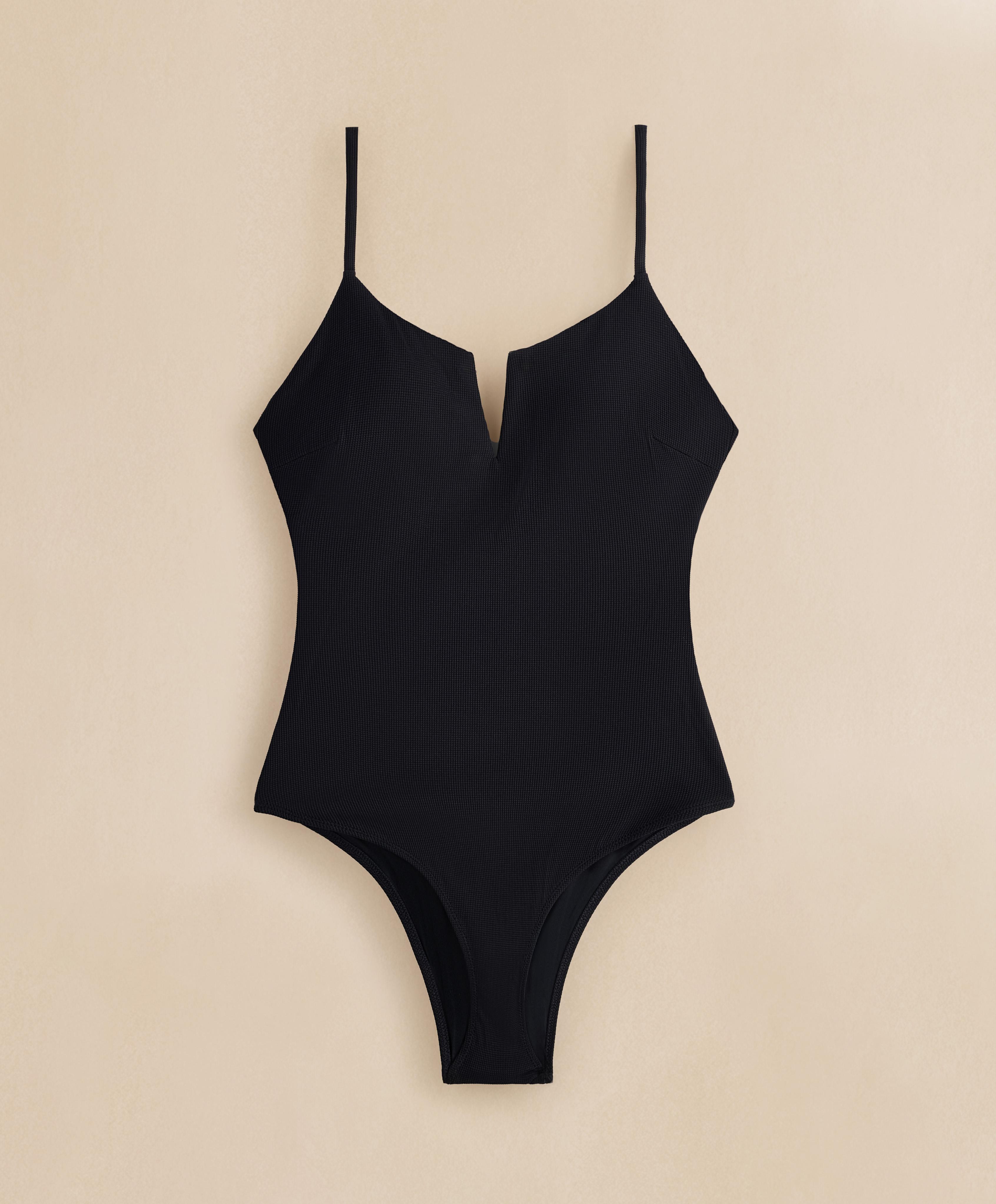 Piqué V-neck swimsuit — BLACK