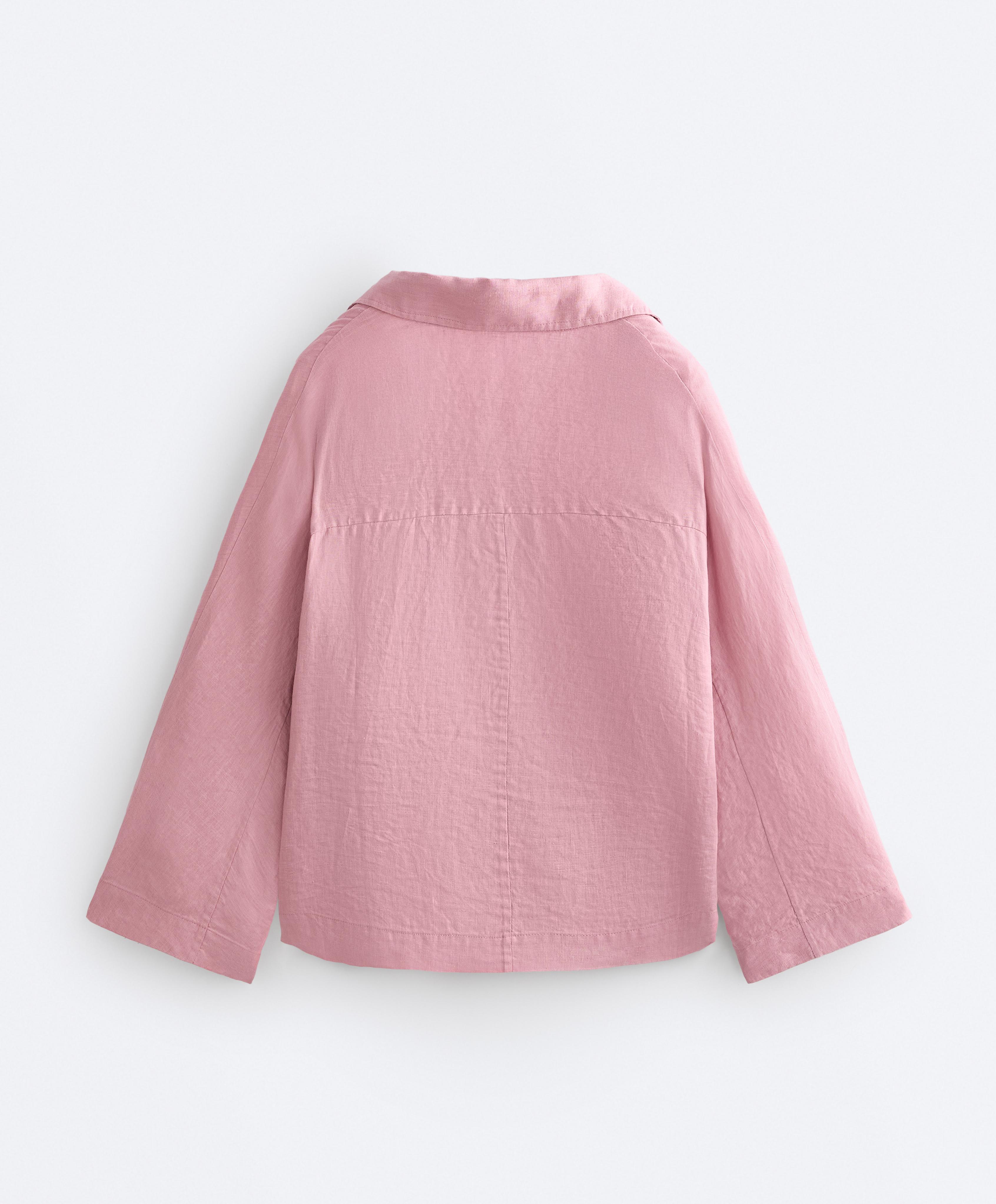 Oversize long-sleeve 100% linen polo shirt — MID-PINK