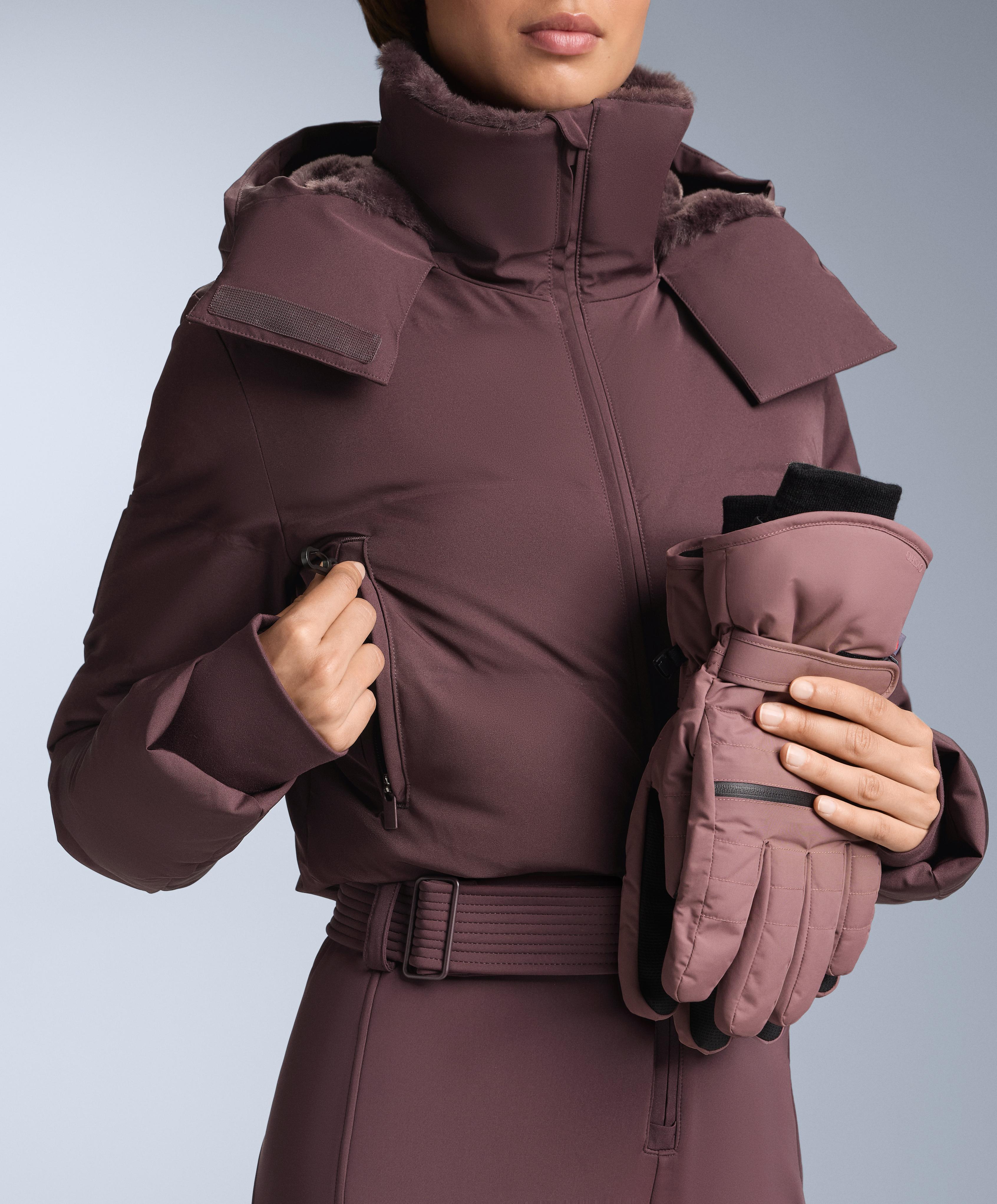 MINARDI PIUME SKI water-resistant padded jumpsuit with 80% down and 20% feather filling — DARK WINE RED