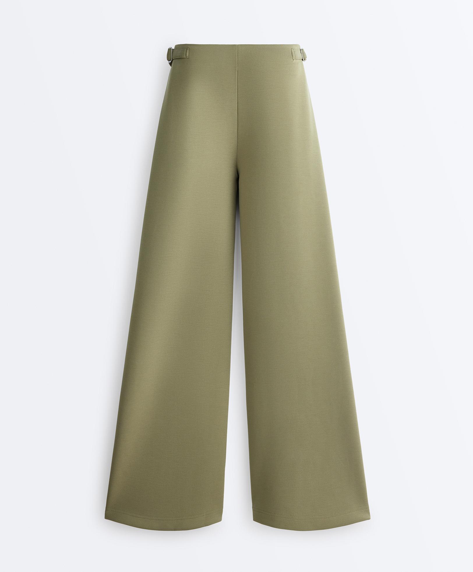 Wide-leg high rise pique trousers with buckles — YELLOW GREEN