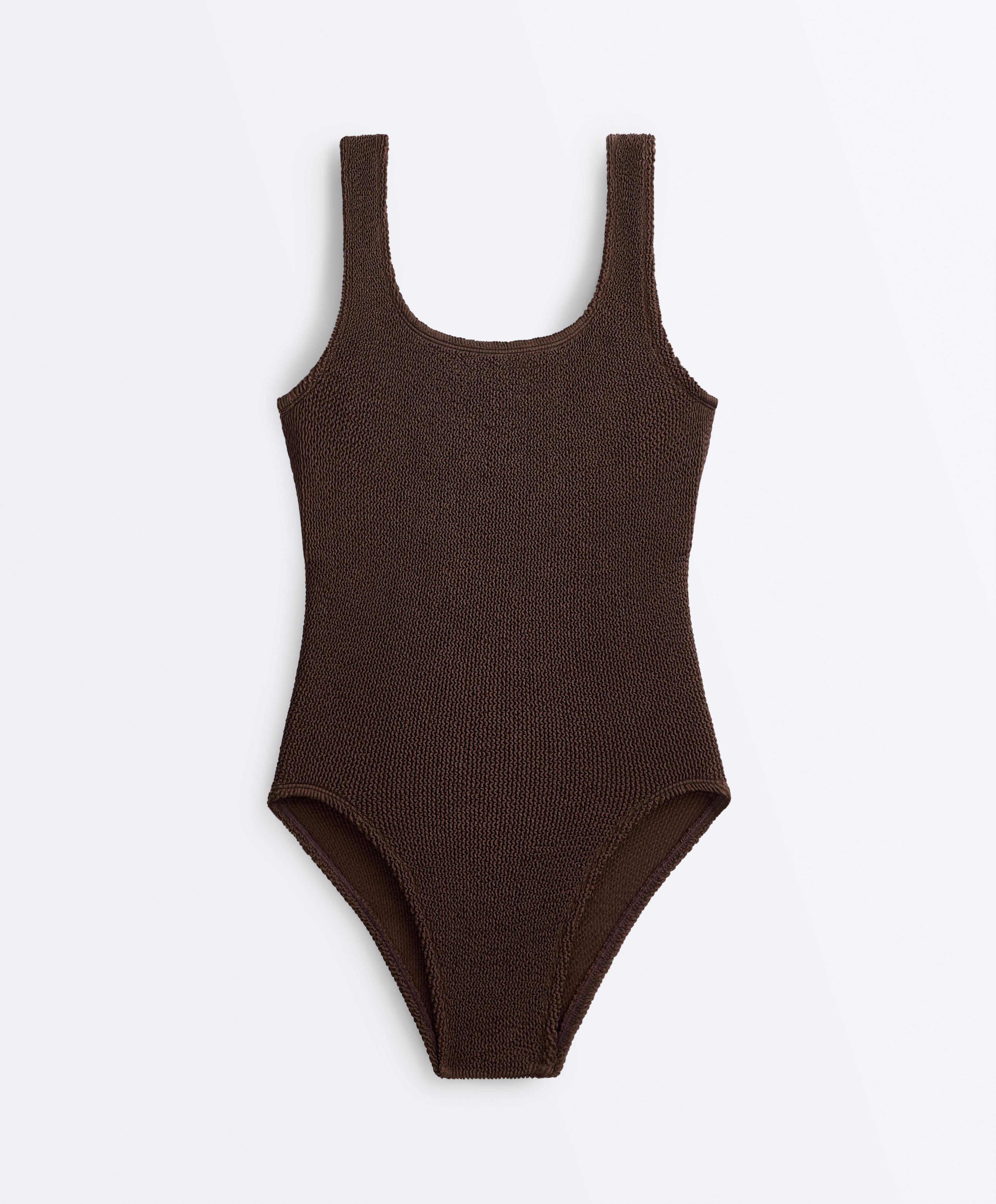 Crinkle round neck swimsuit — DARK BROWN
