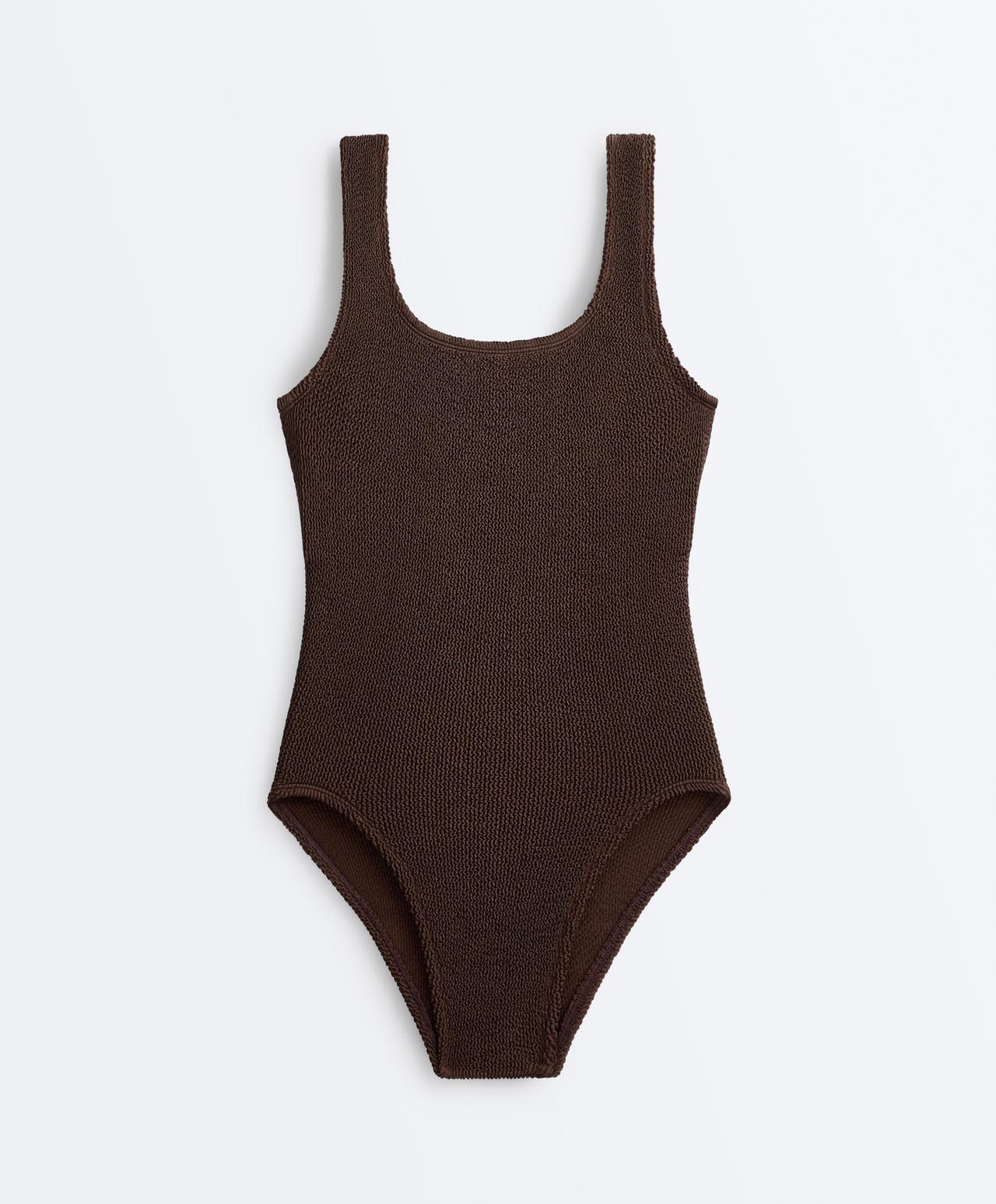 Crinkle round neck swimsuit — DARK BROWN
