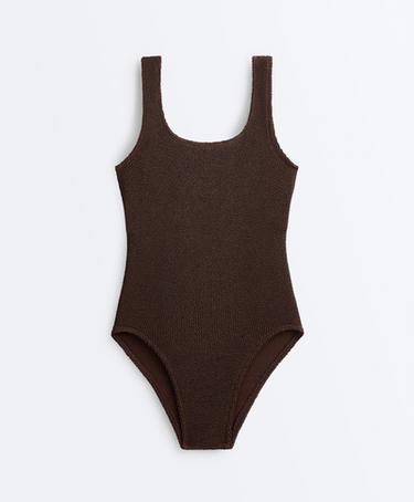 Crinkle round neck swimsuit — DARK BROWN 8