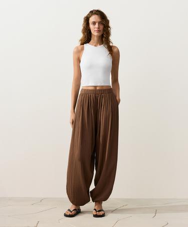100% cotton muslin balloon trousers — TAN 2